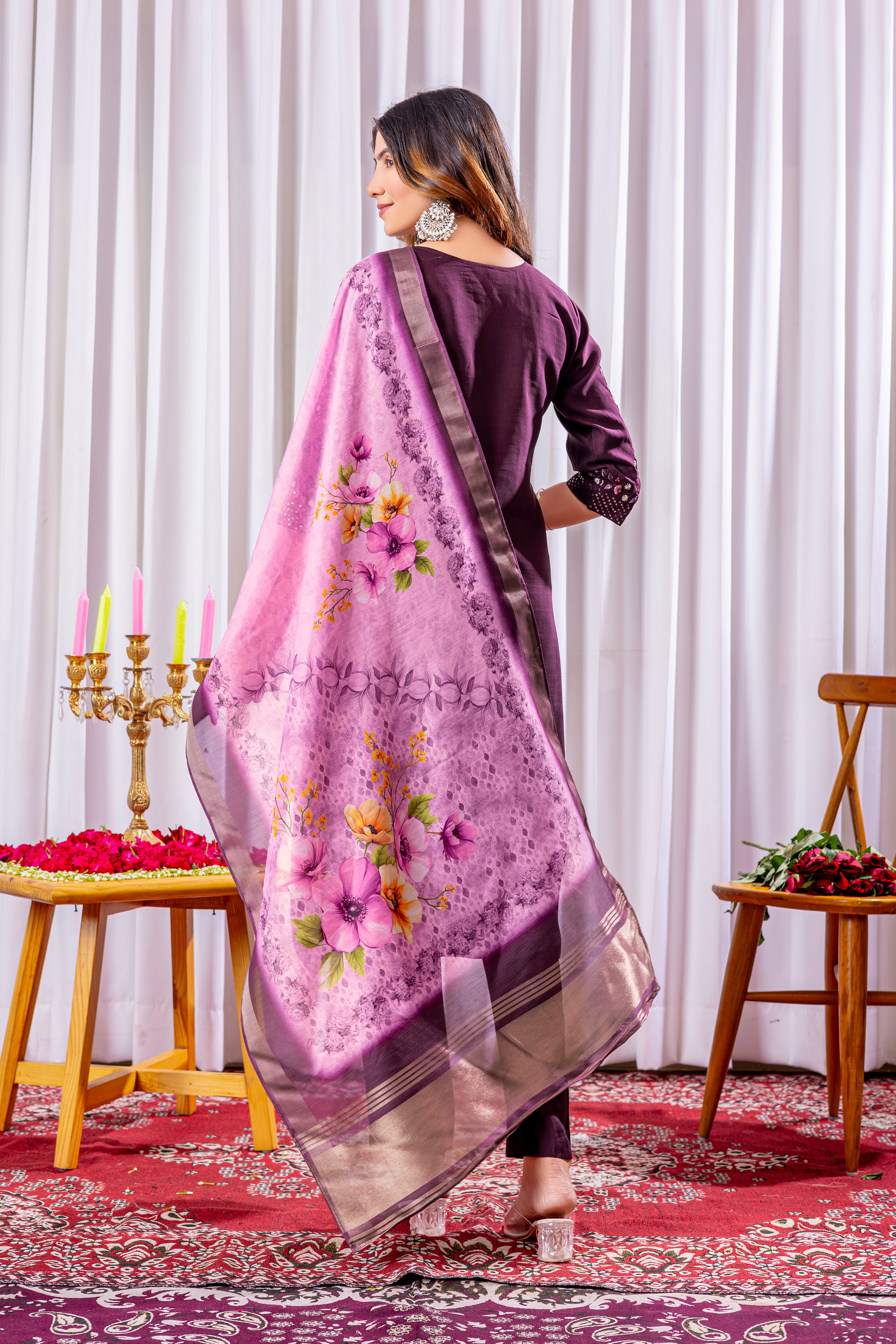 Women's Viscose Silk Straight Kurti Pant Dupatta Set with Multi Embroidery Thread Work & Chanderi Silk Dupatta