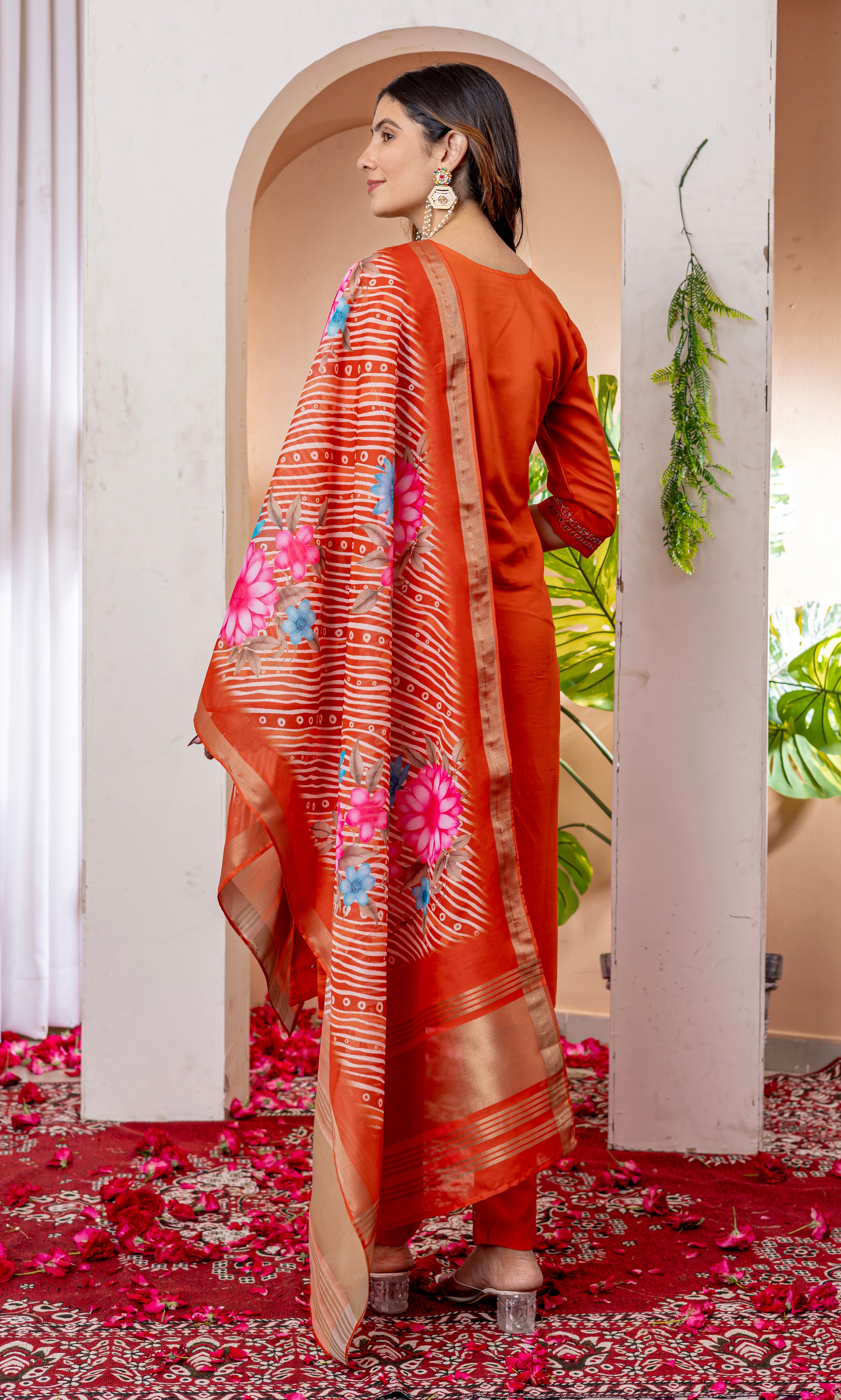 Women's Marina Viscose Silk Straight Kurti Pant Dupatta Set with Multi Embroidery Thread Work & Chanderi Silk Dupatta