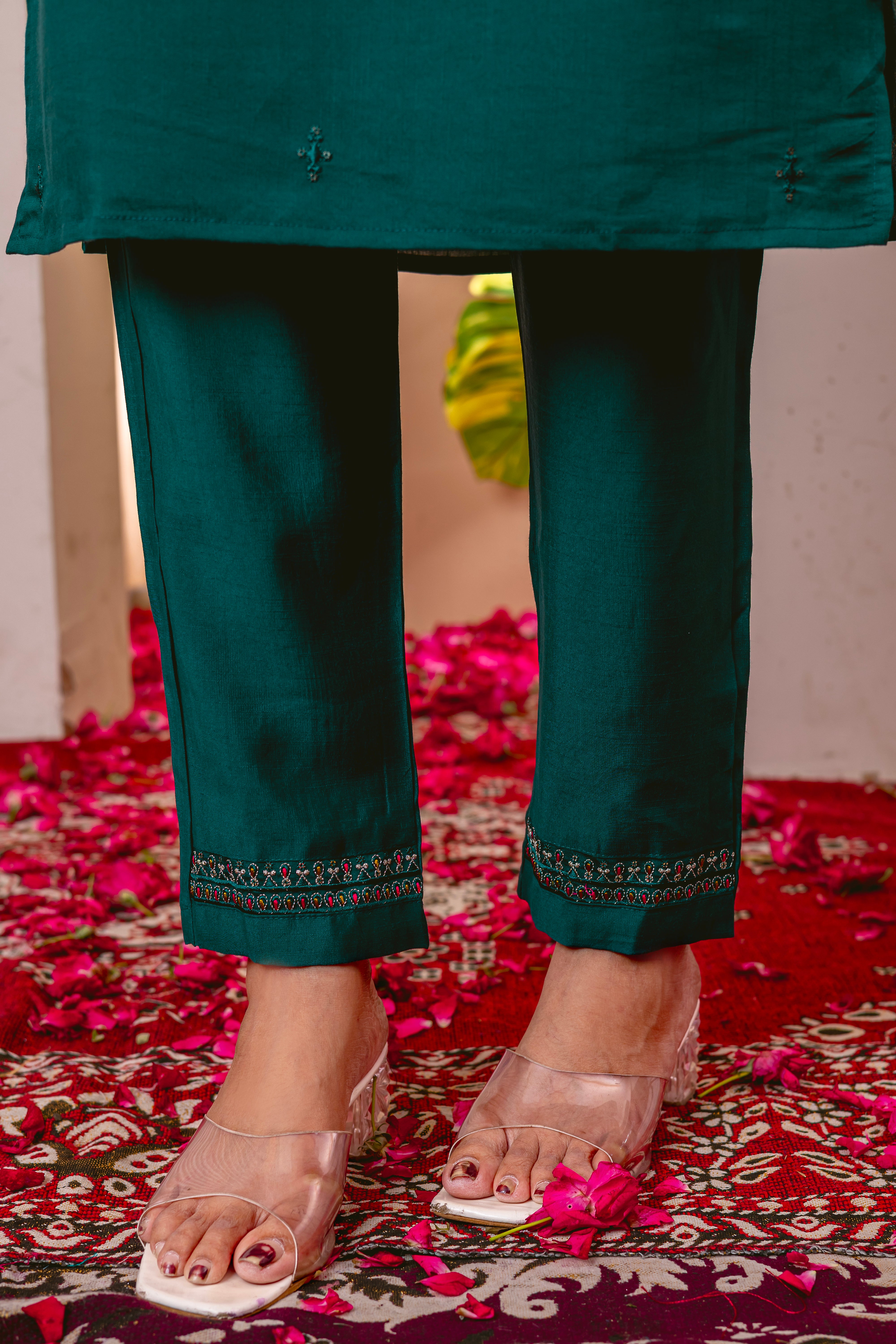 Women's Marina Viscose Silk Straight Kurti Pant Dupatta Set with Multi Embroidery Thread Work & Chanderi Silk Dupatta