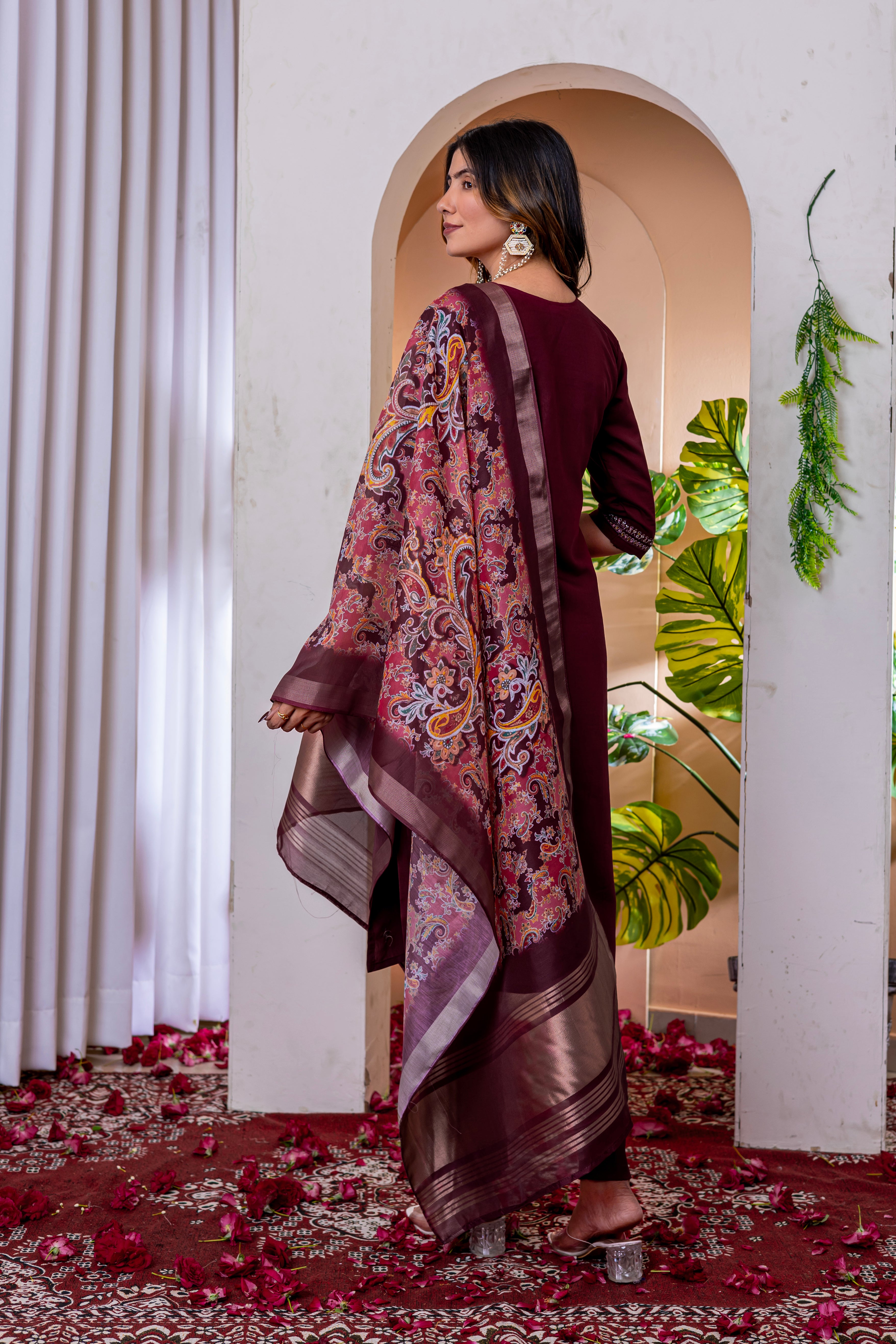 Women's Marina Viscose Silk Straight Kurti Pant Dupatta Set with Multi Embroidery Thread Work & Chanderi Silk Dupatta