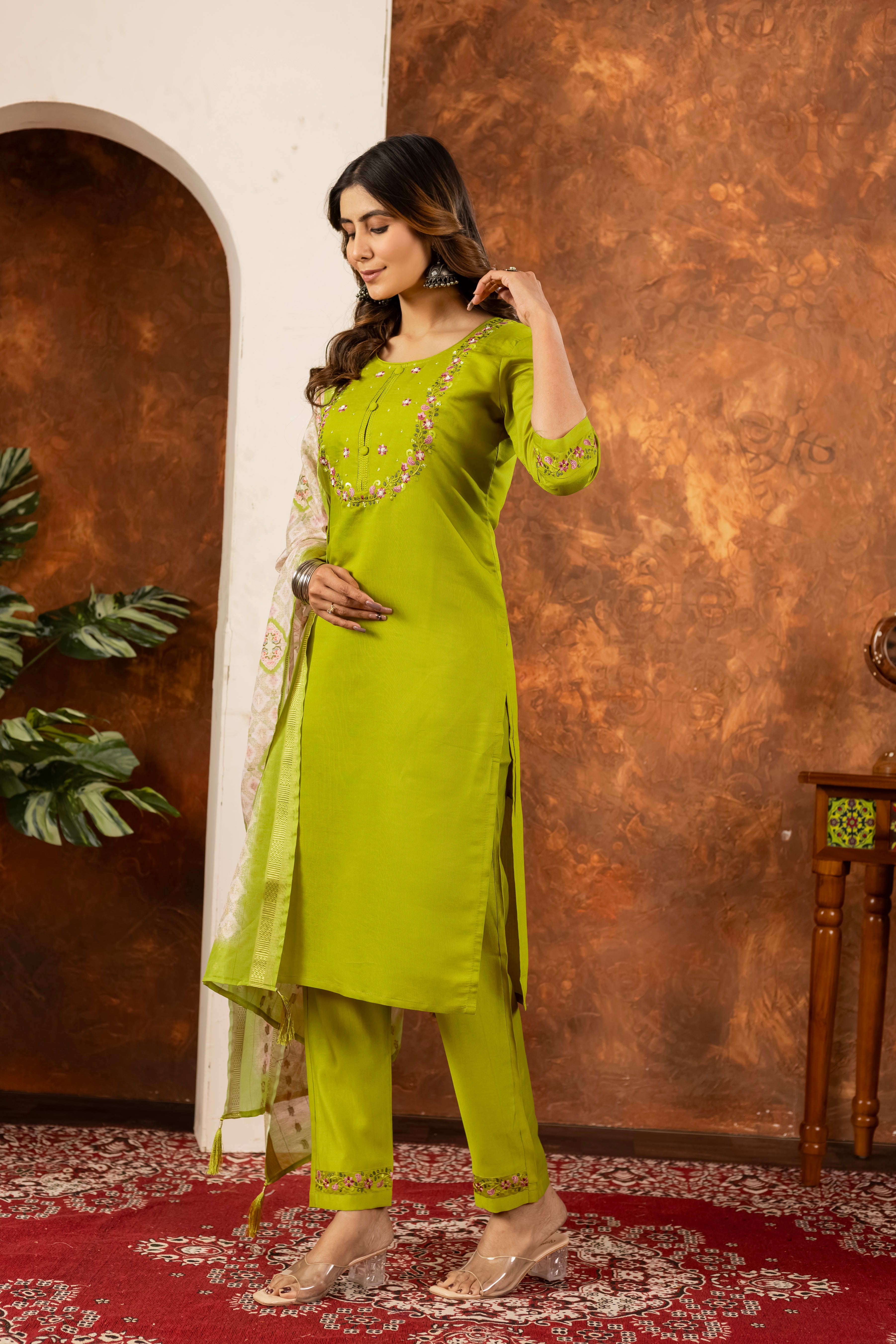 Marina Silk Straight Kurti Pant Dupatta Set with Embroidery Hand Work