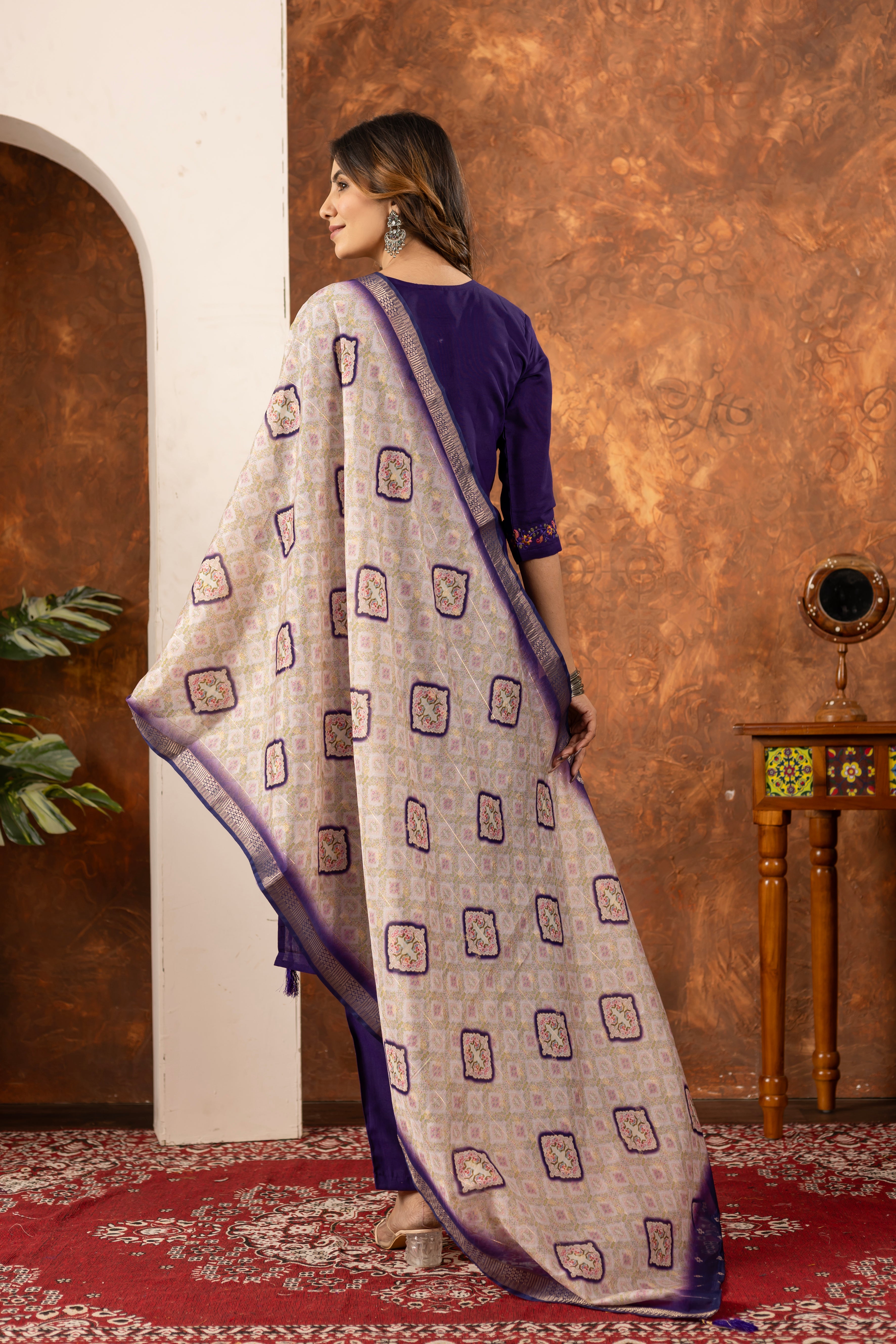 Marina Silk Straight Kurti Pant Dupatta Set with Embroidery Hand Work