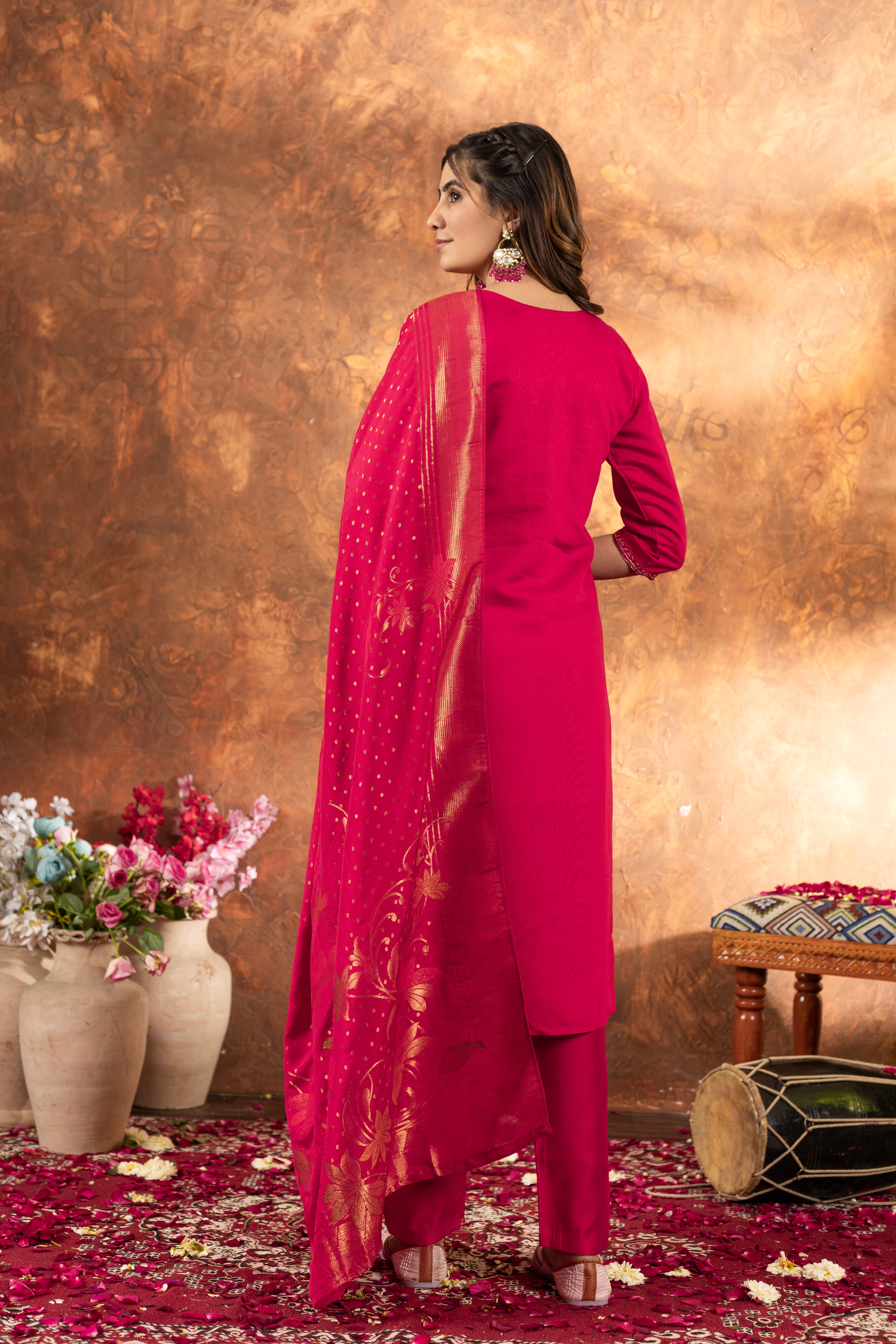 Marina Silk Straight Kurti Pant Dupatta Set with Multi Embroidery Hand Work