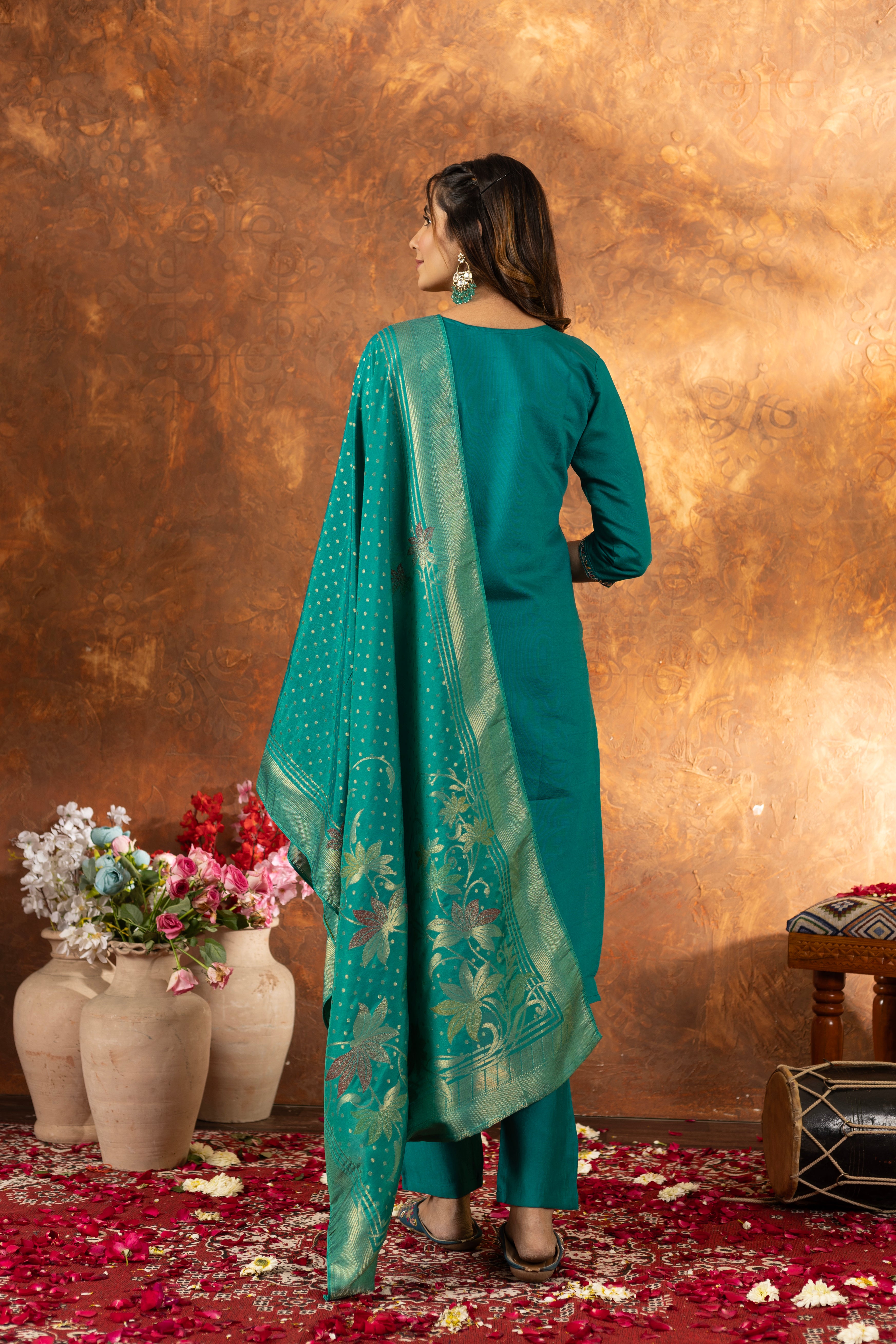 Marina Silk Straight Kurti Pant Dupatta Set with Multi Embroidery Hand Work