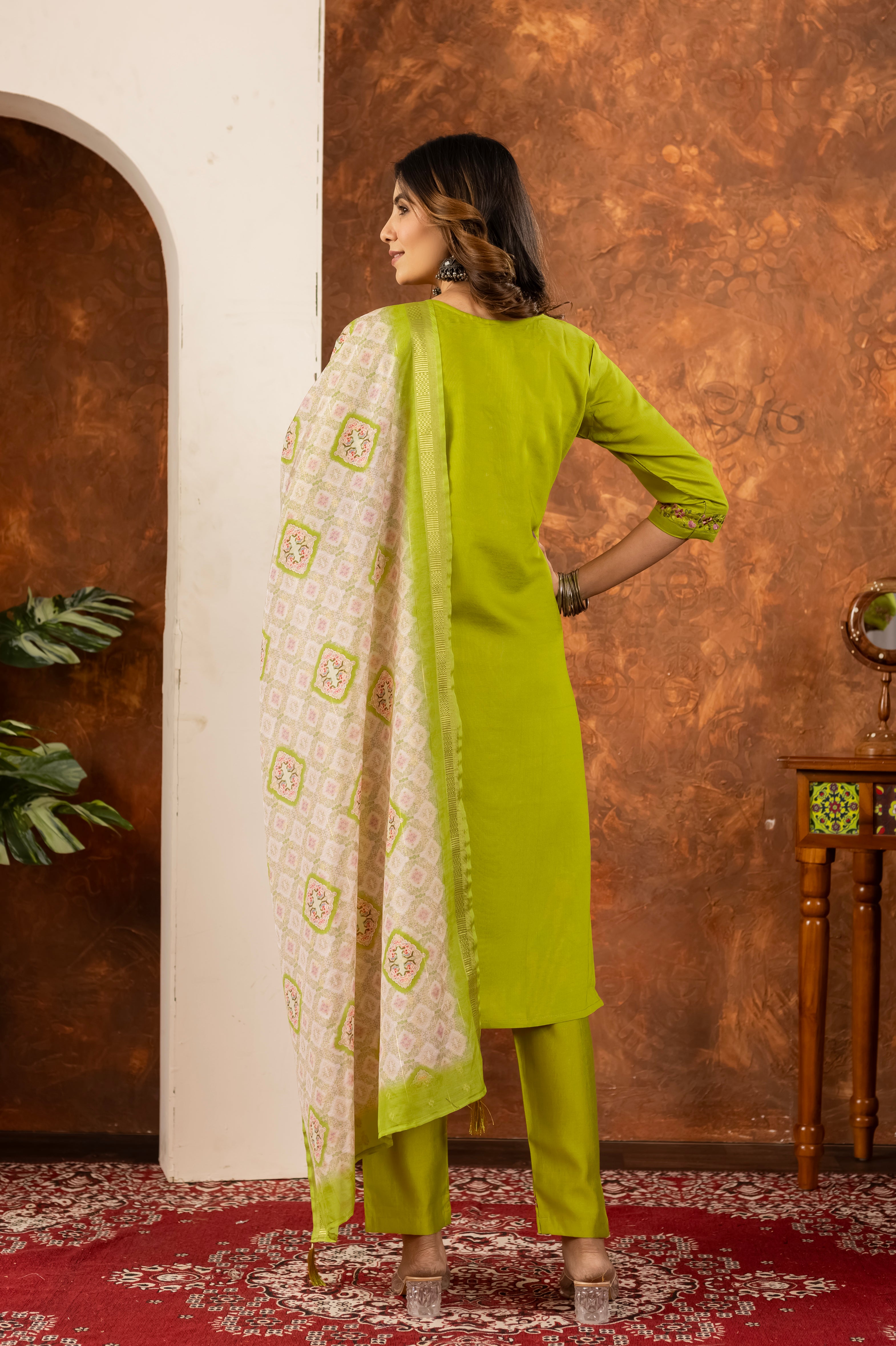 Marina Silk Straight Kurti Pant Dupatta Set with Embroidery Hand Work