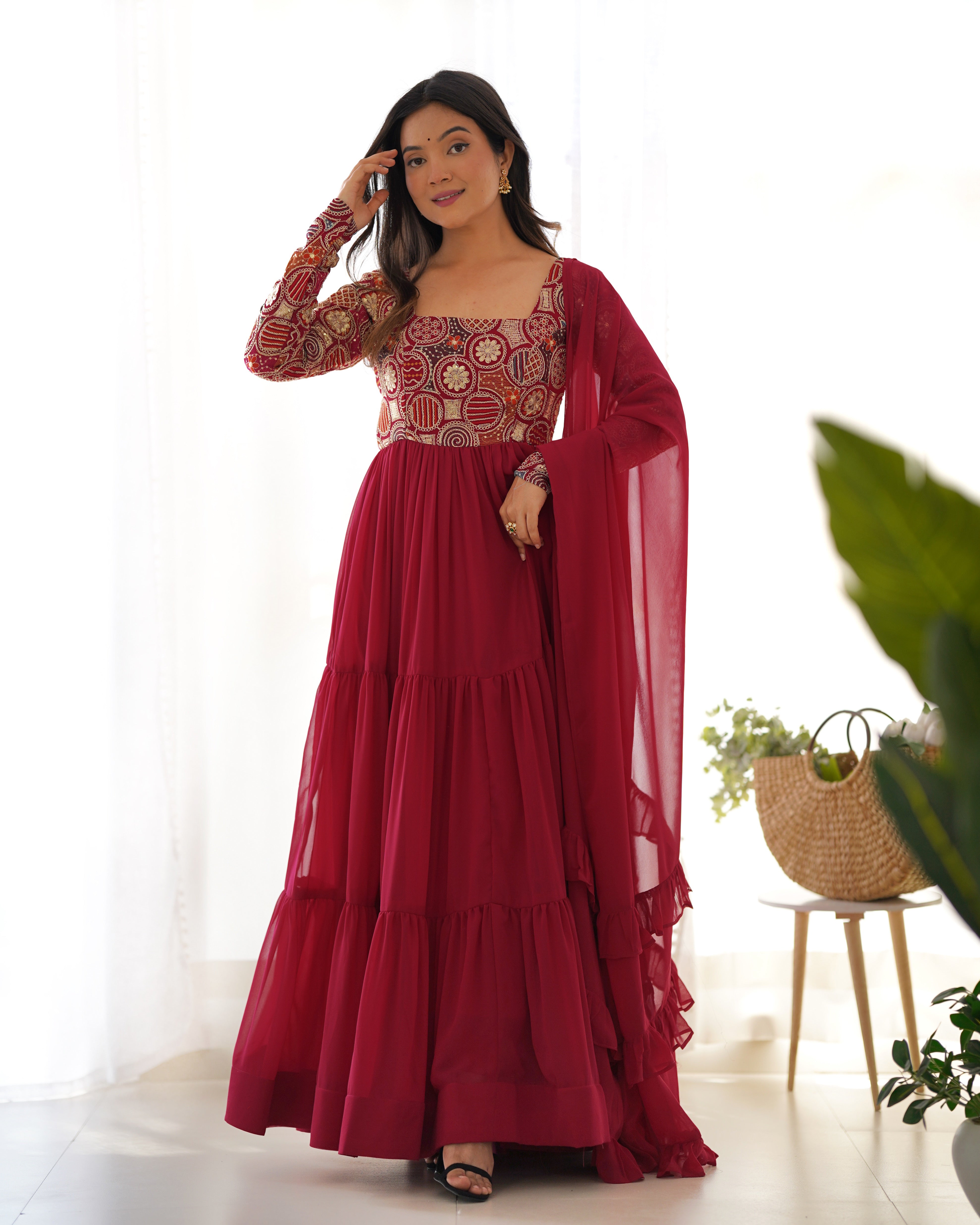 Premium Fox Georgette Fully Flared Anarkali Suit Set with Ruffle Dupatta and Pant