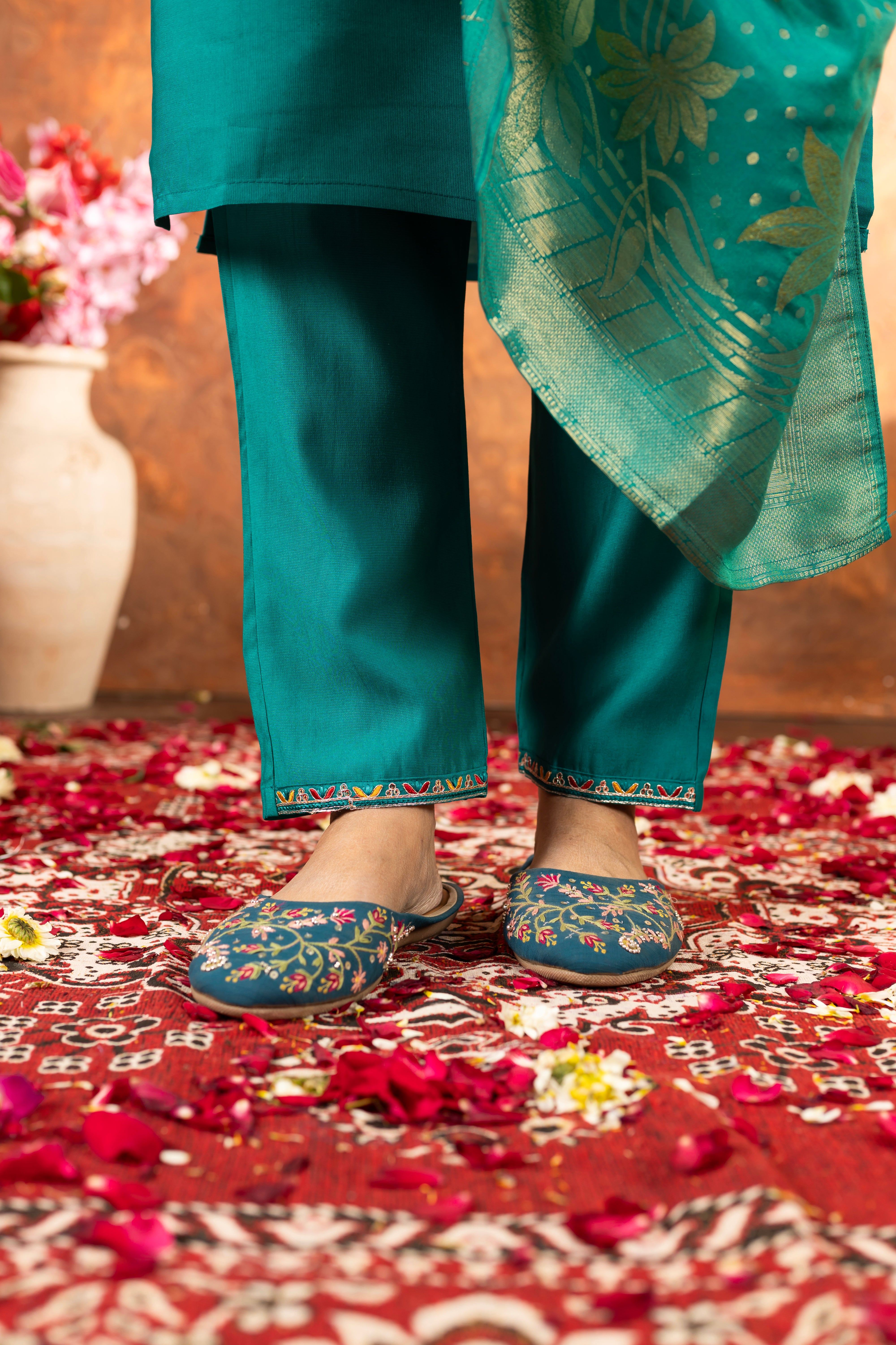 Marina Silk Straight Kurti Pant Dupatta Set with Multi Embroidery Hand Work