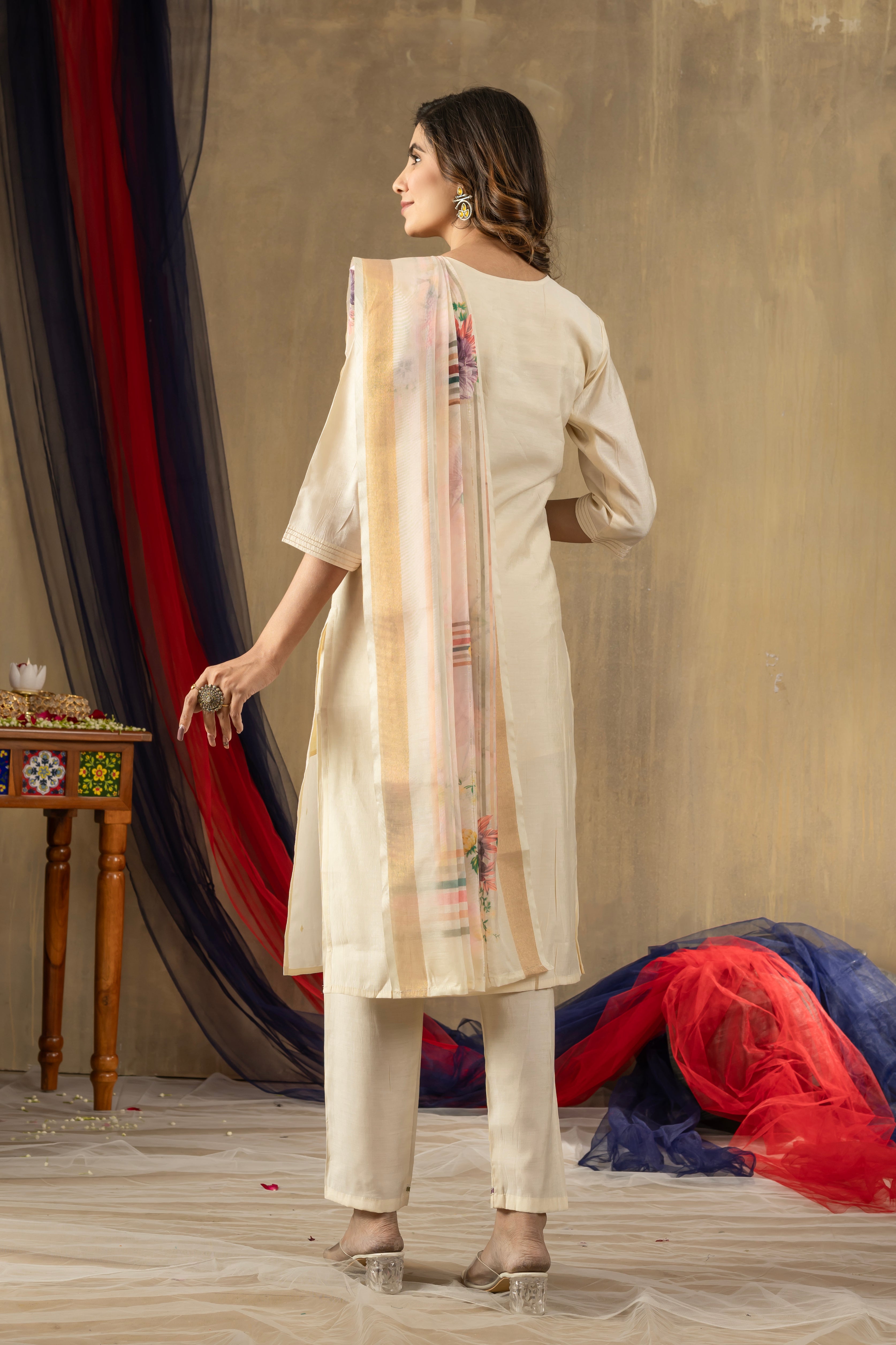 Women's Shimmer Gold Silk Straight Kurti Pant Dupatta Set with Multi Embroidery Hand Work