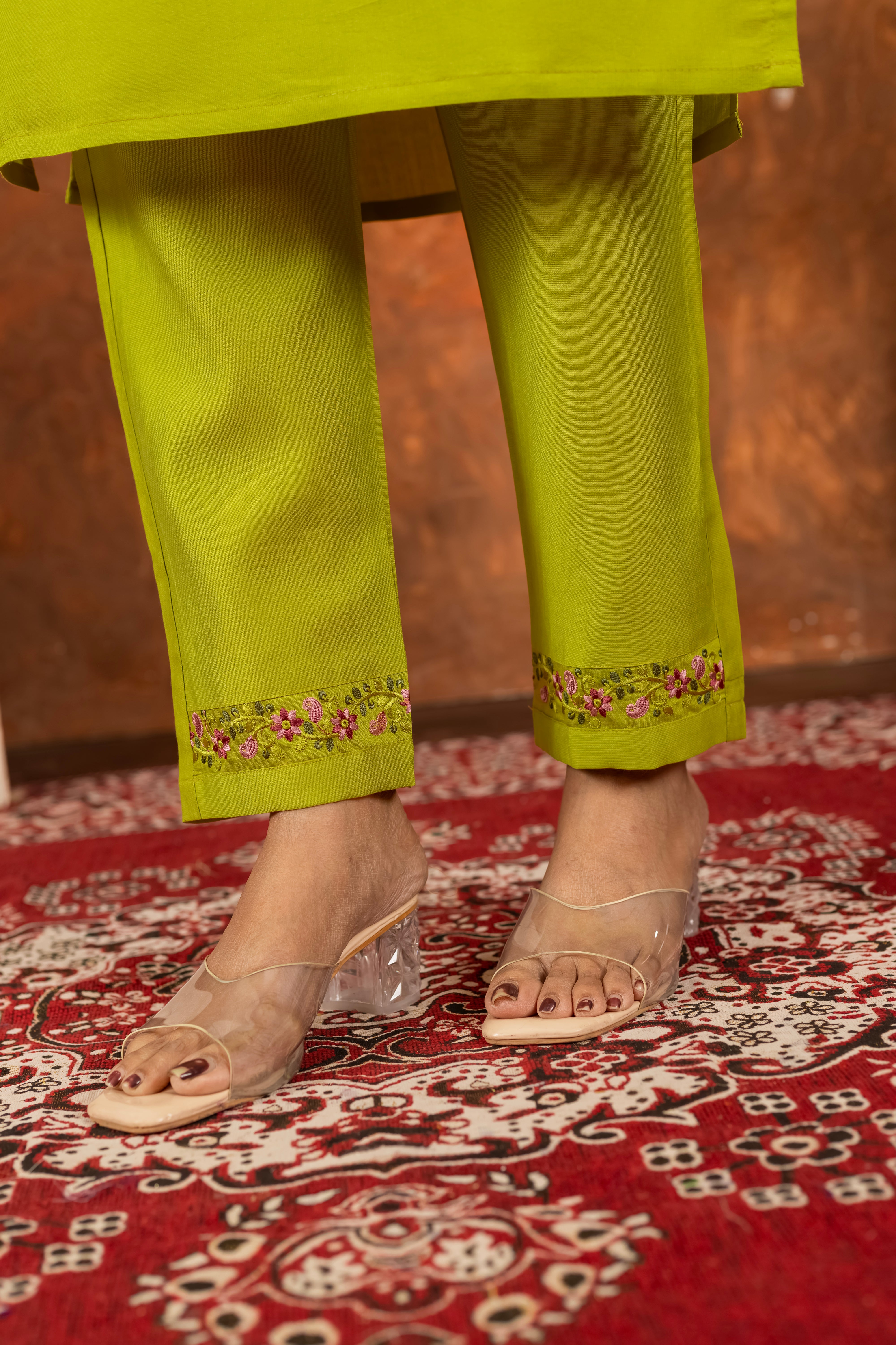 Marina Silk Straight Kurti Pant Dupatta Set with Embroidery Hand Work
