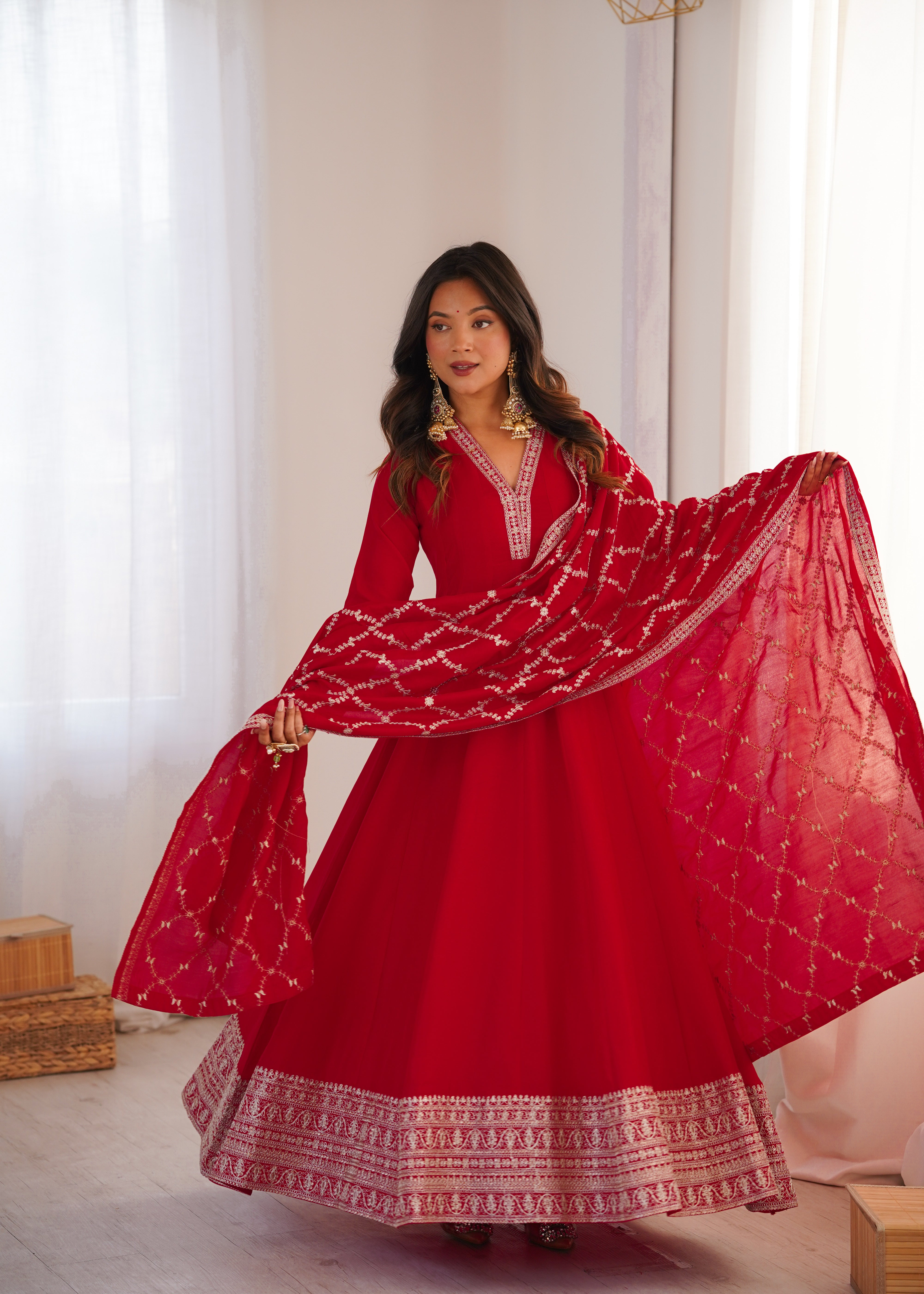 Premium Blooming Vichitra Silk Flared Anarkali Gown with Embroidered Dupatta