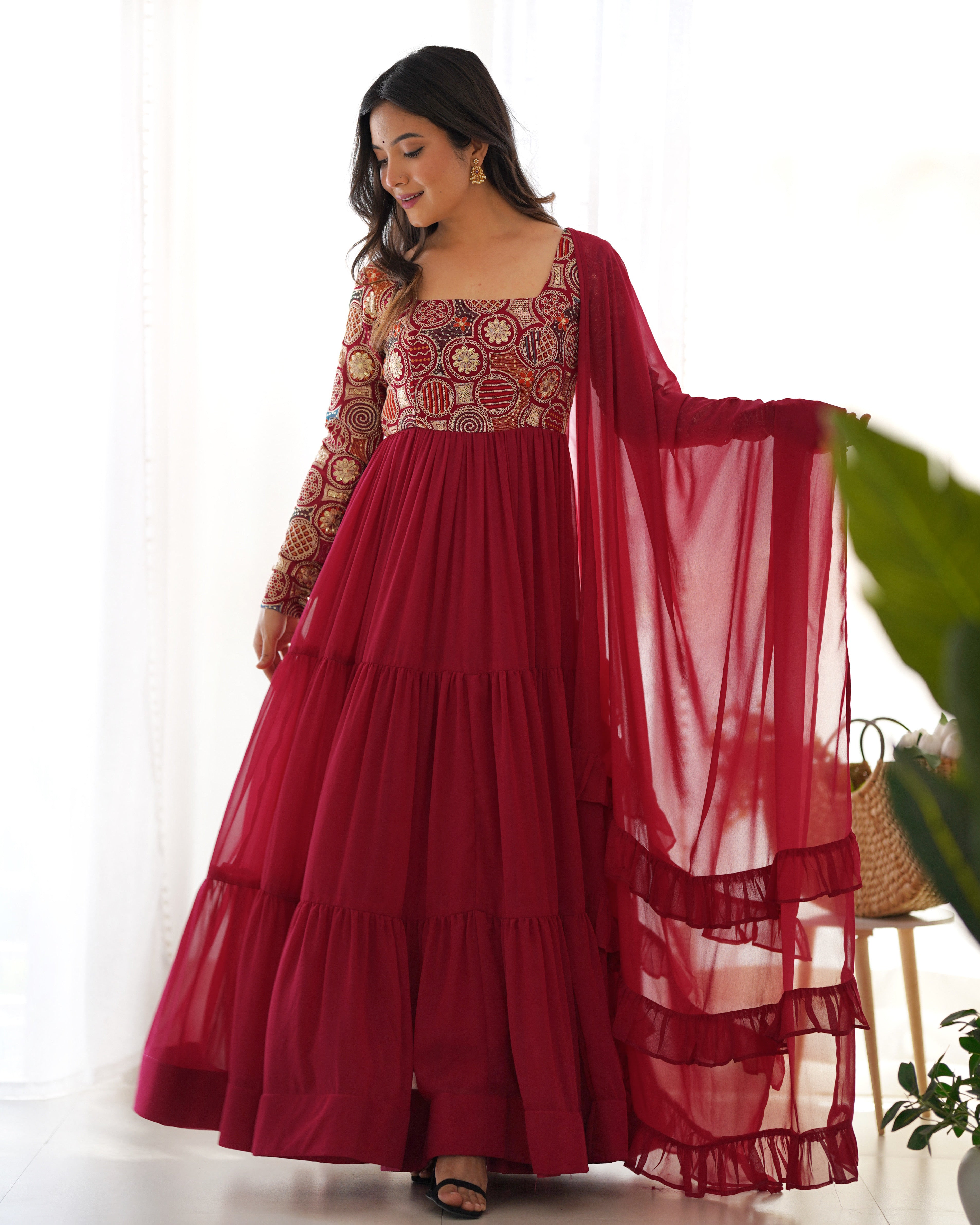 Premium Fox Georgette Fully Flared Anarkali Suit Set with Ruffle Dupatta and Pant