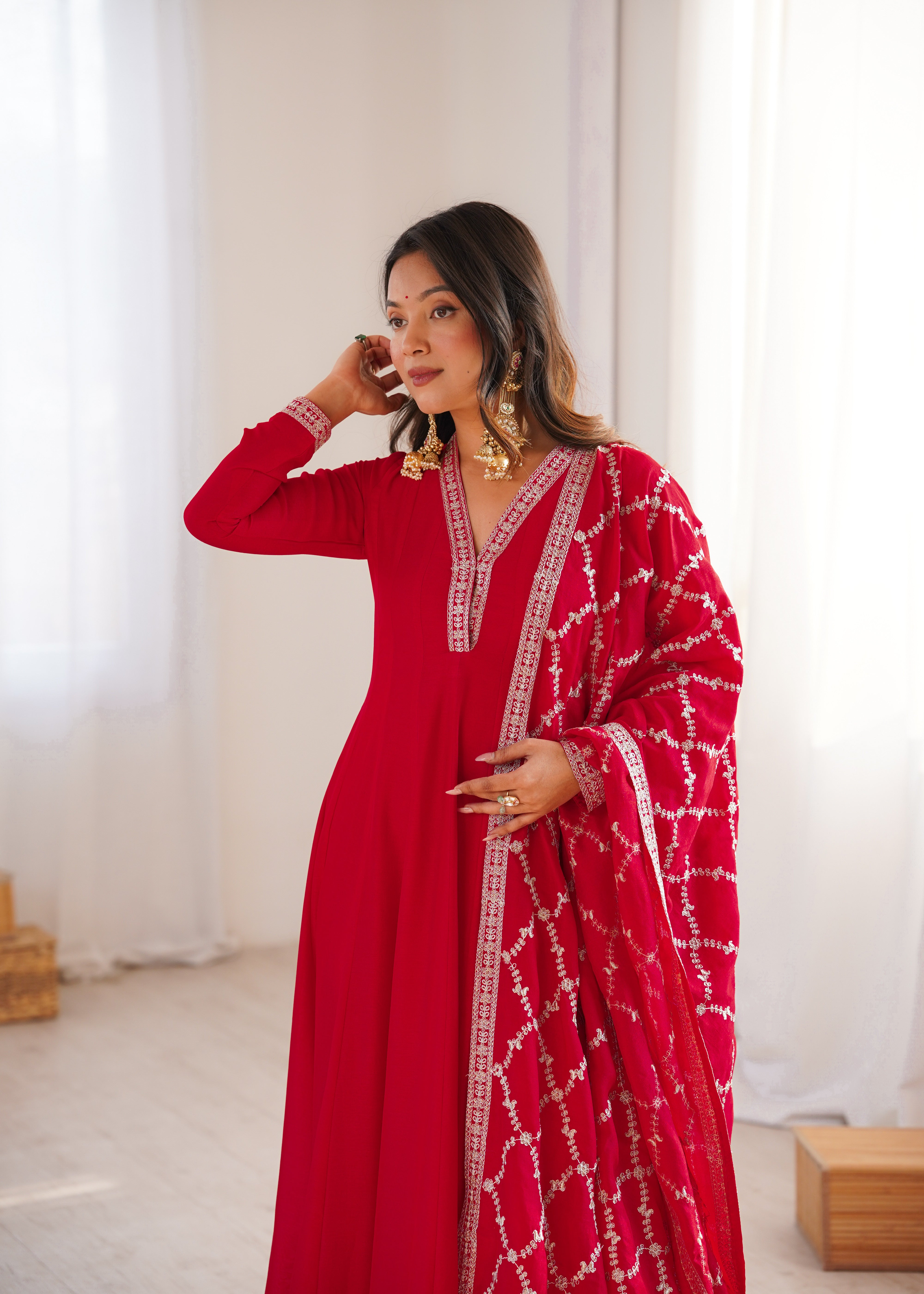 Premium Blooming Vichitra Silk Flared Anarkali Gown with Embroidered Dupatta
