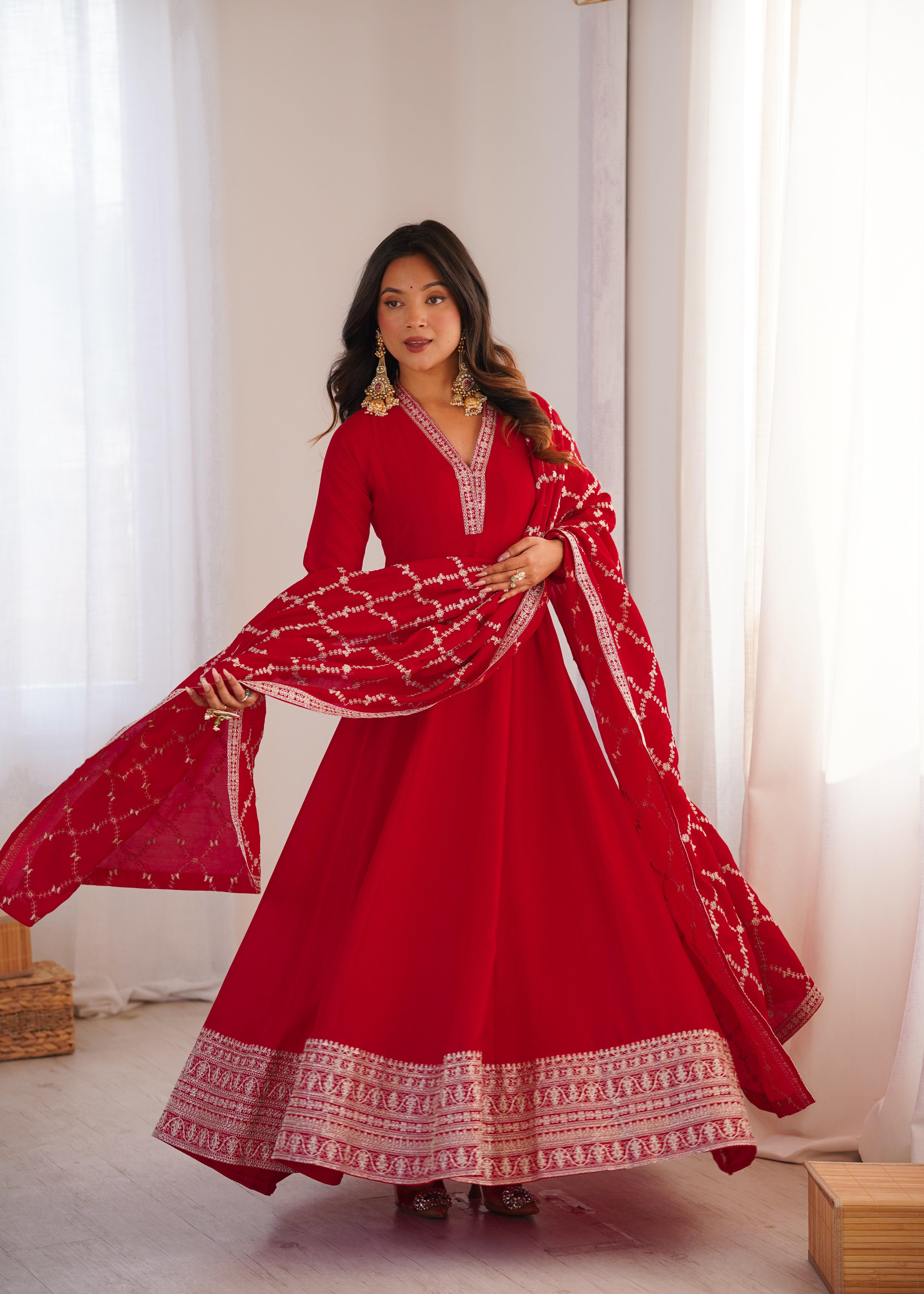 Premium Blooming Vichitra Silk Flared Anarkali Gown with Embroidered Dupatta