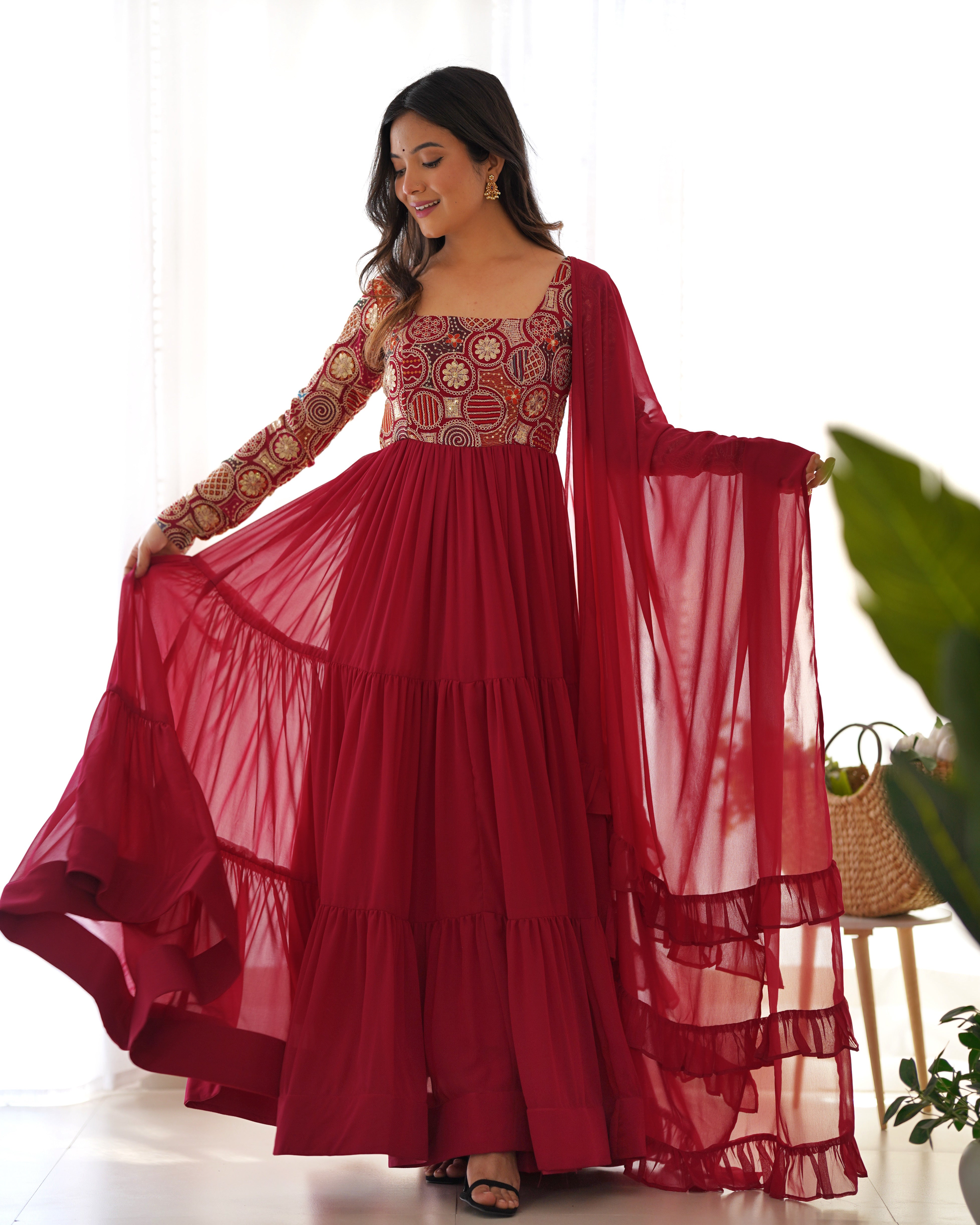 Premium Fox Georgette Fully Flared Anarkali Suit Set with Ruffle Dupatta and Pant
