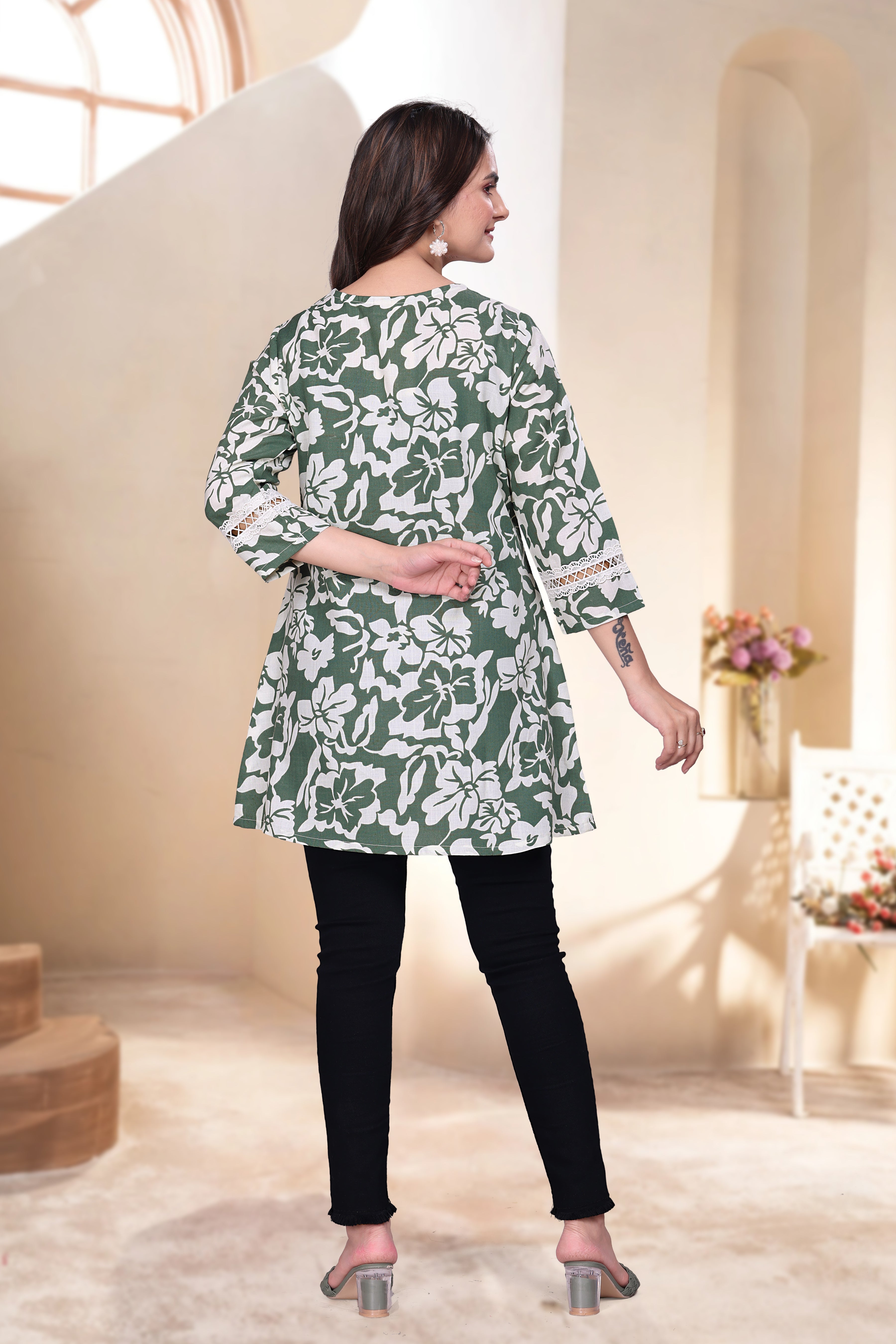 Magic Slub Printed Short Kurti with Schiffli Lace Work