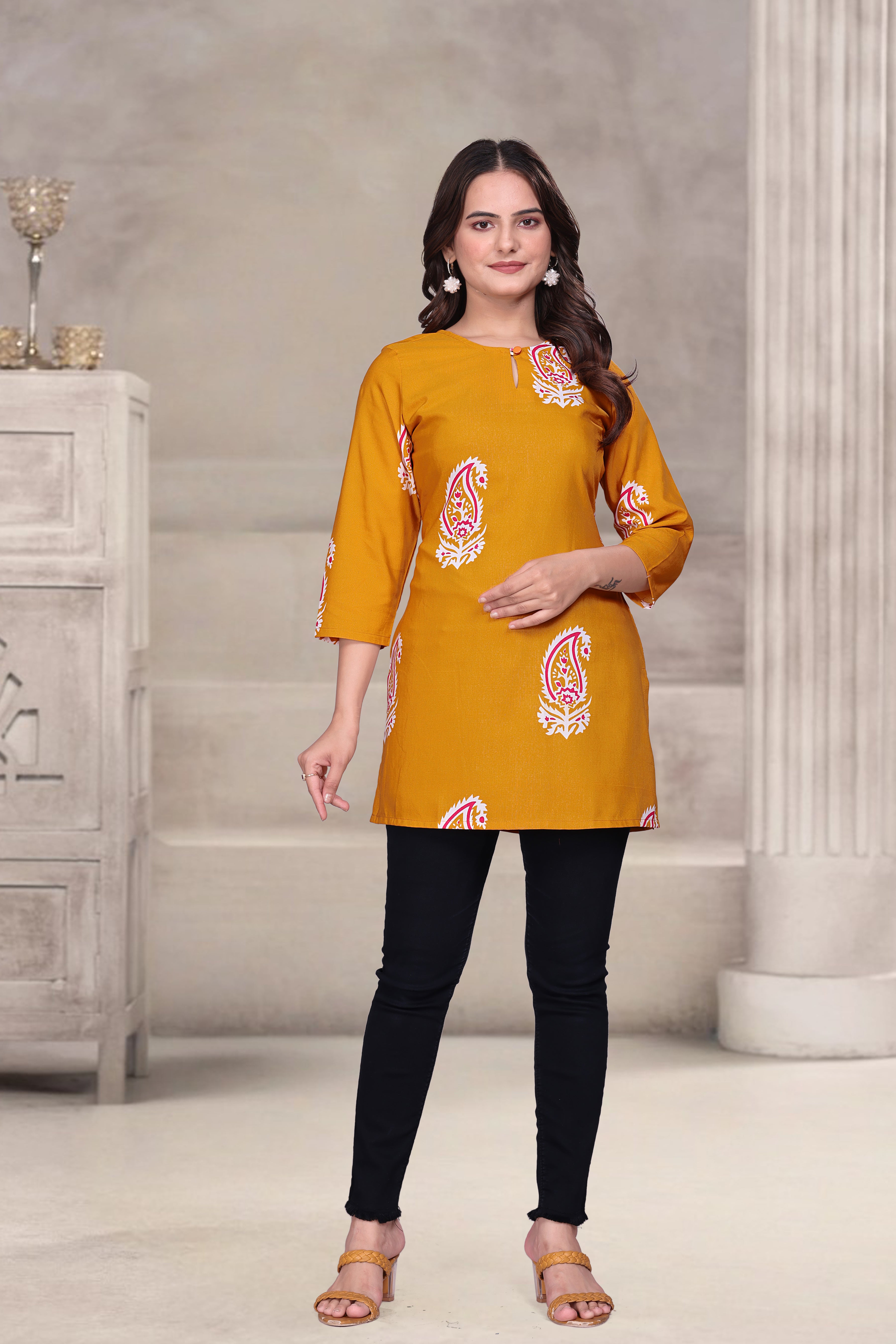 Viscose Blend Short Kurti with V Neck