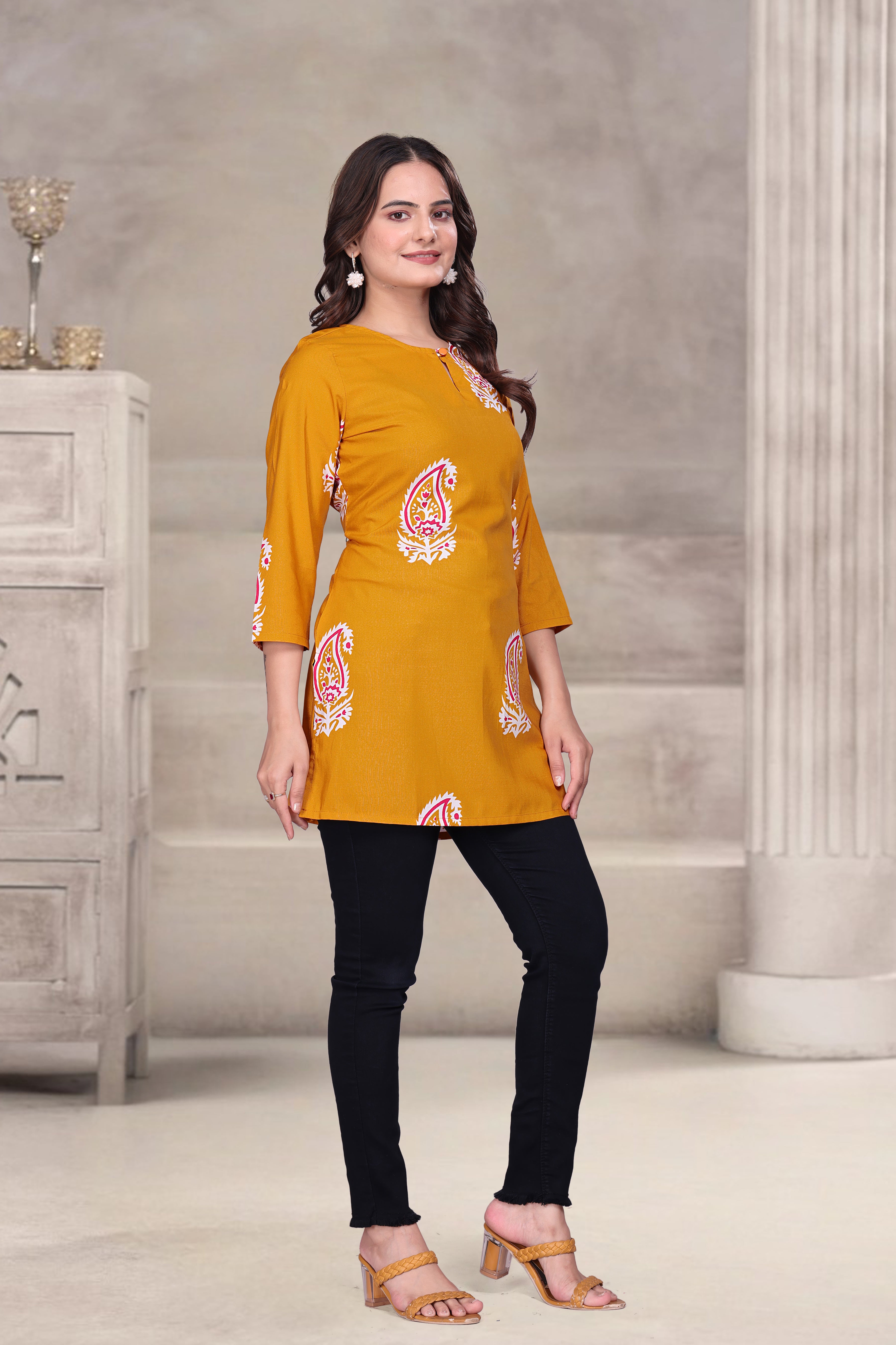 Viscose Blend Short Kurti with V Neck