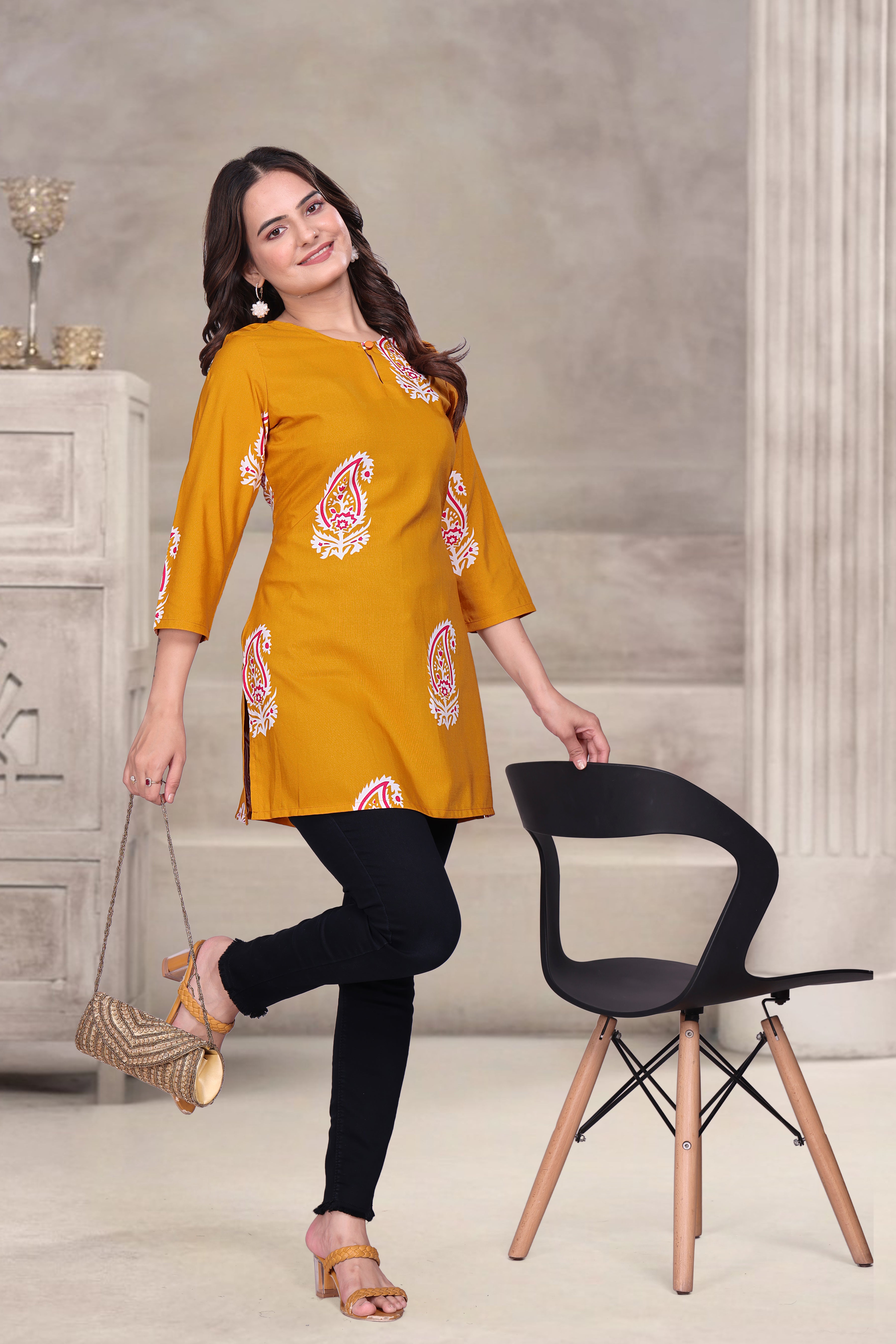 Viscose Blend Short Kurti with V Neck