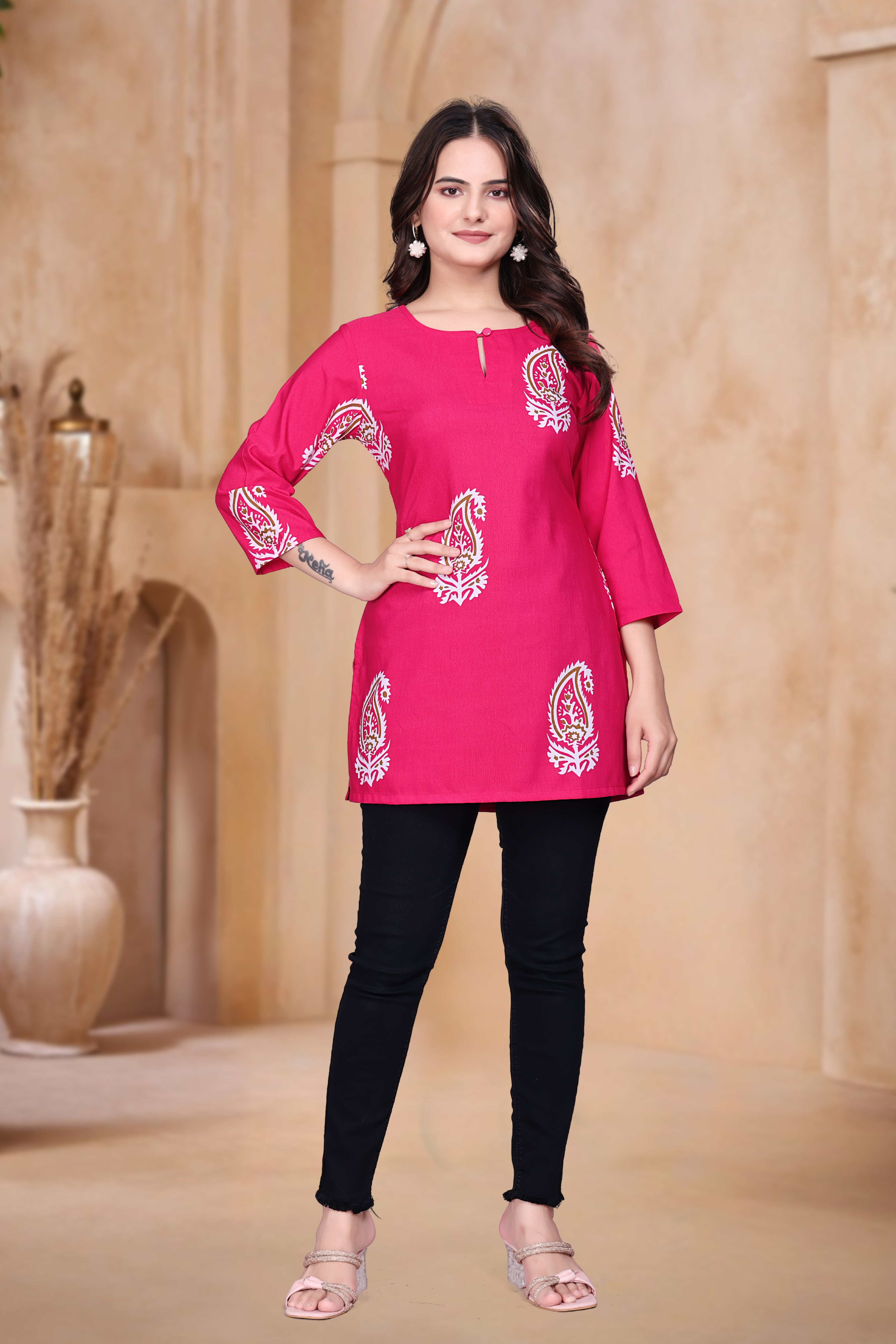 Viscose Blend Short Kurti with V Neck