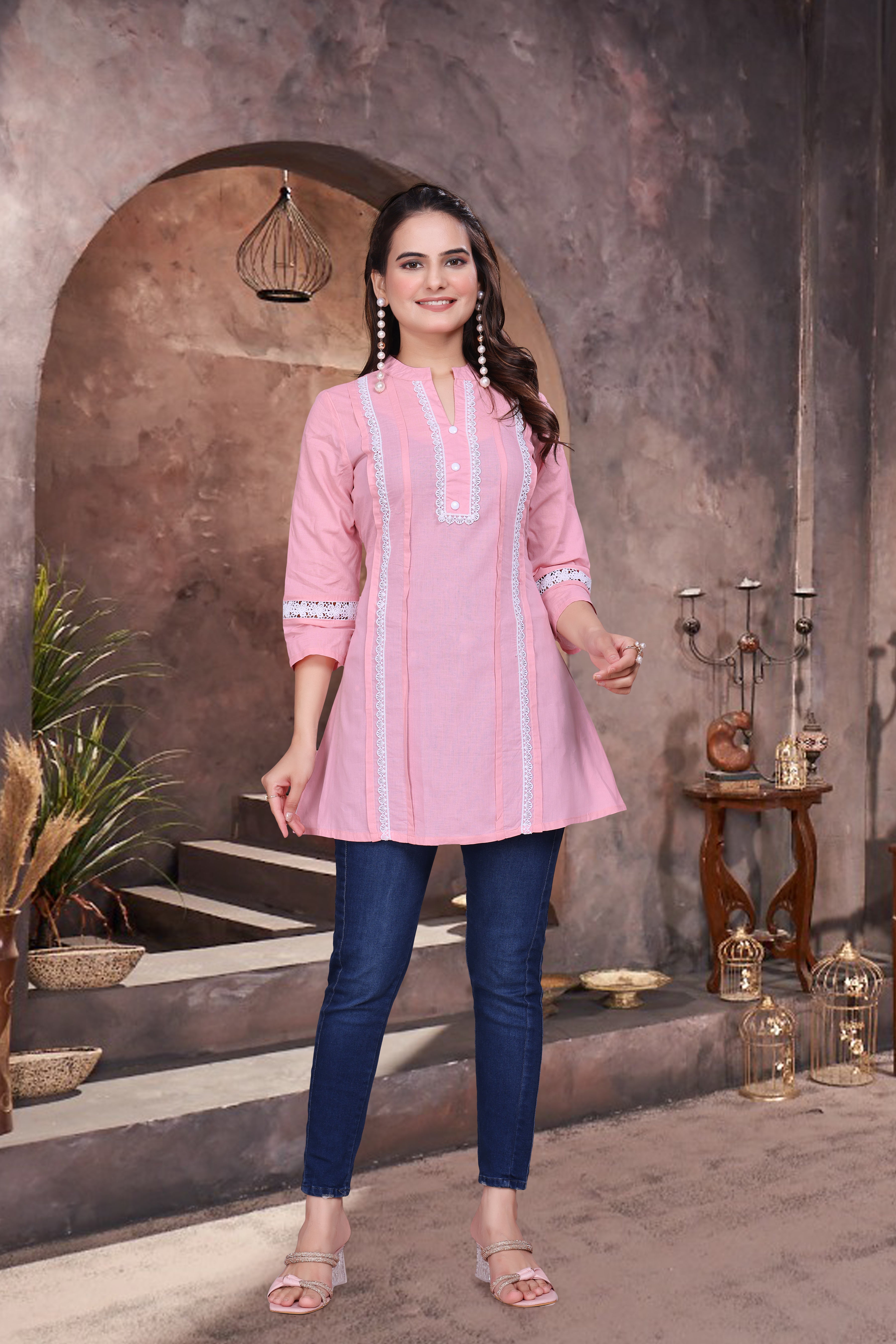 Printed Pure Cambric Cotton Short Kurti with Schiffli Lace