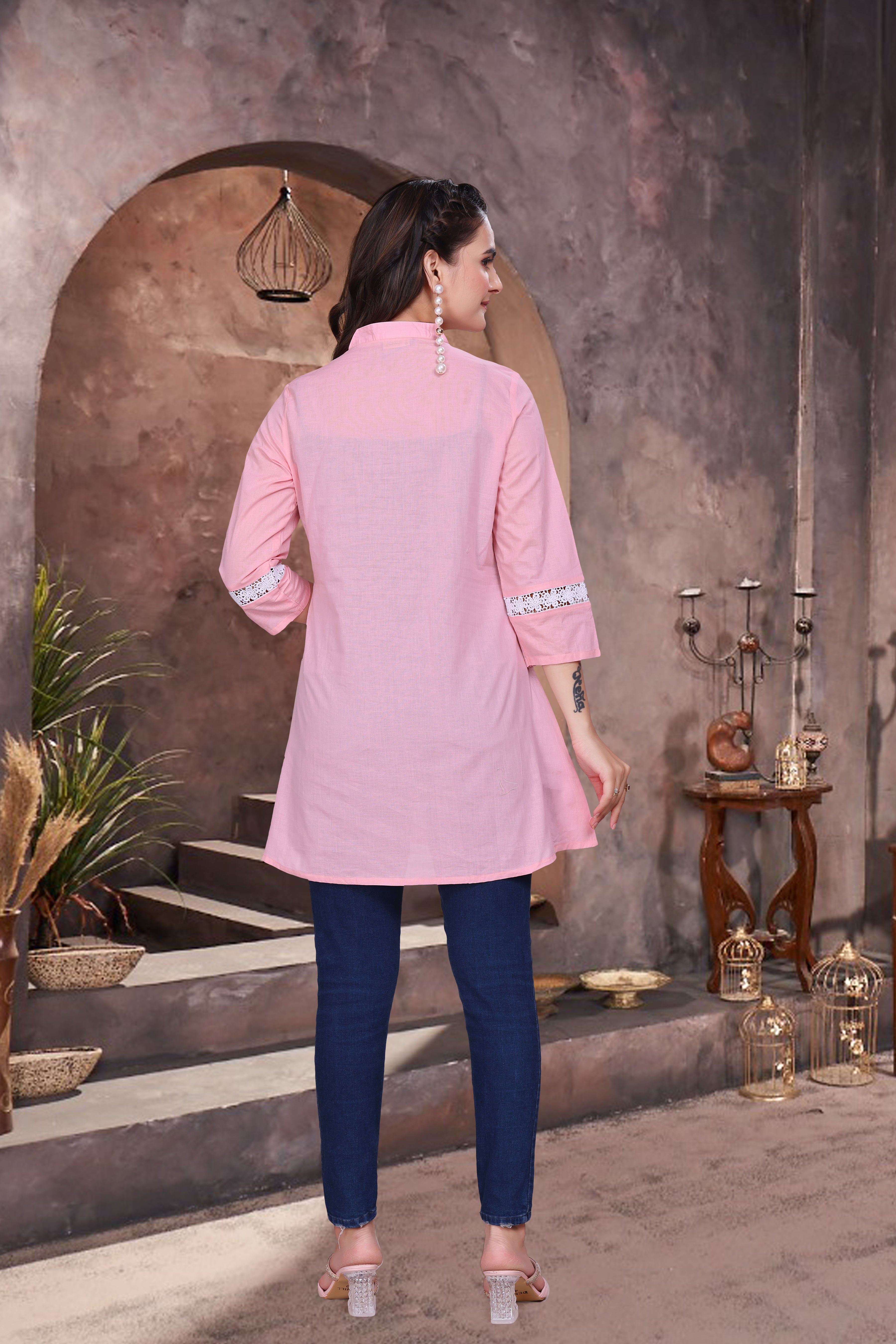 Printed Pure Cambric Cotton Short Kurti with Schiffli Lace