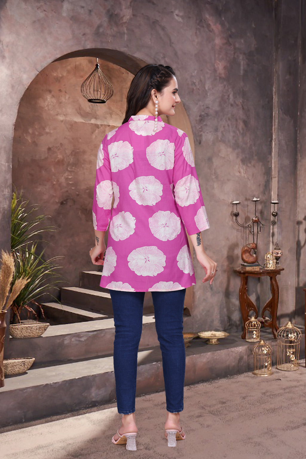 Printed Rayon Short Kurti with V Neck