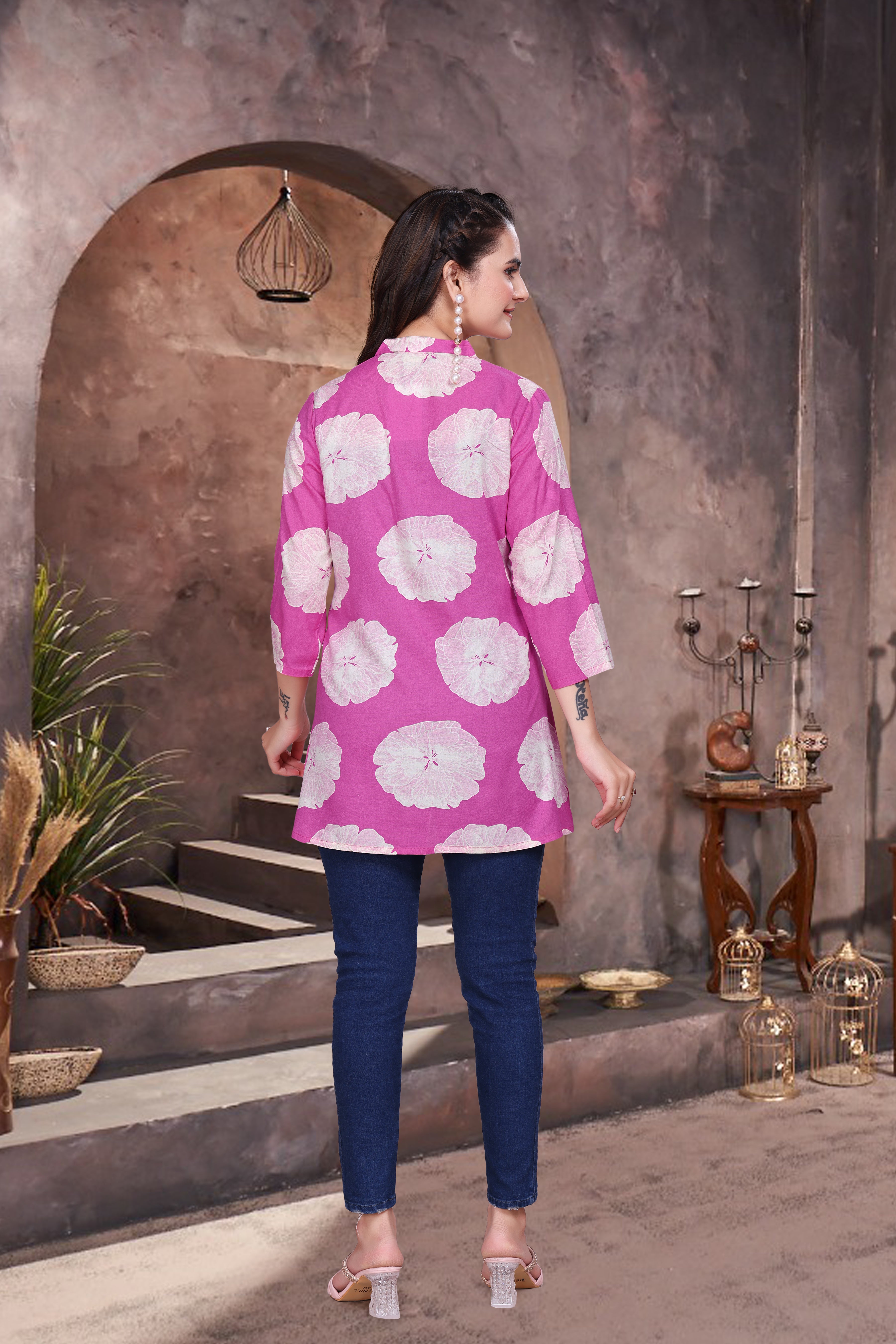 Printed Rayon Short Kurti with V Neck