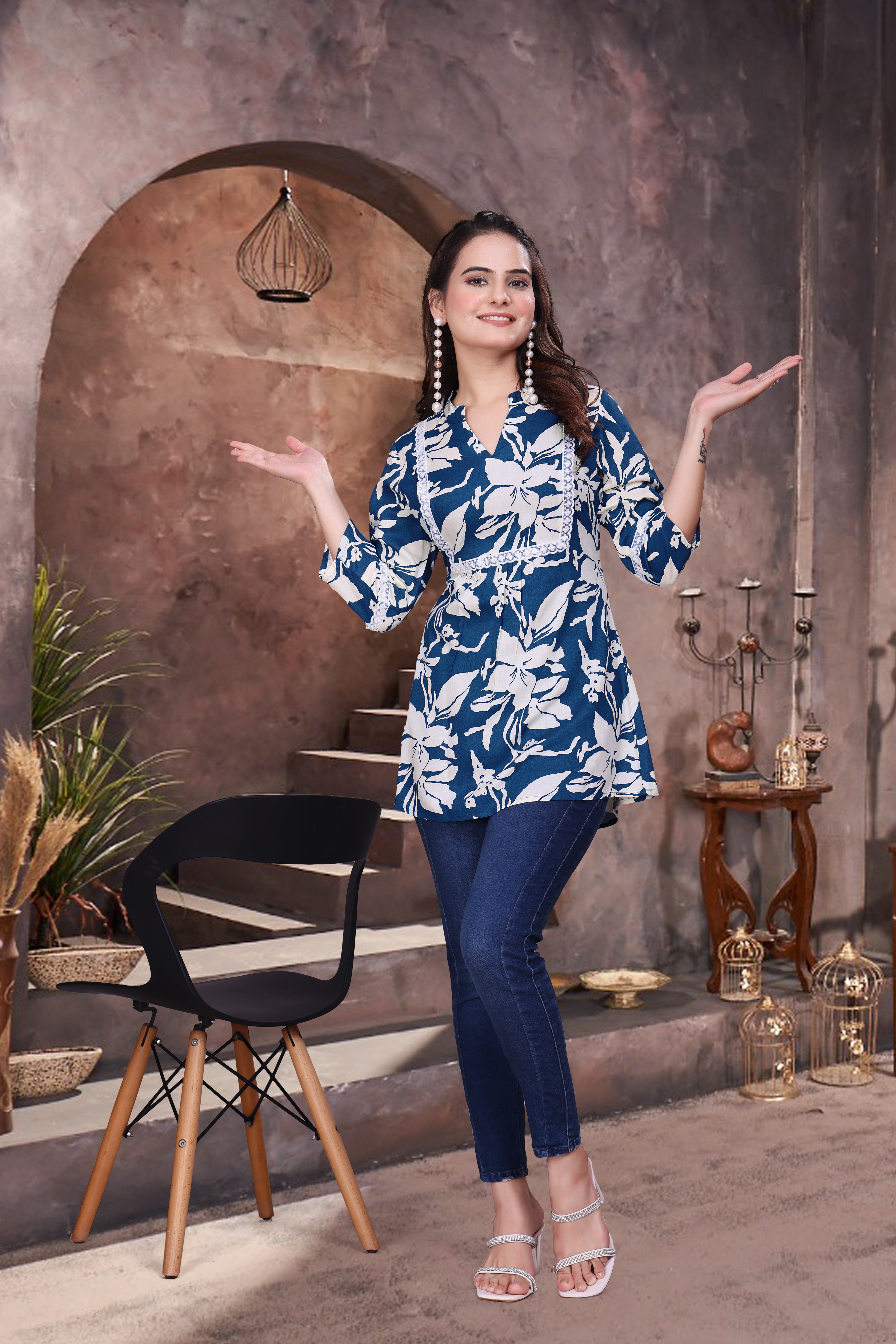 Printed Rayon Short Kurti with V Neck