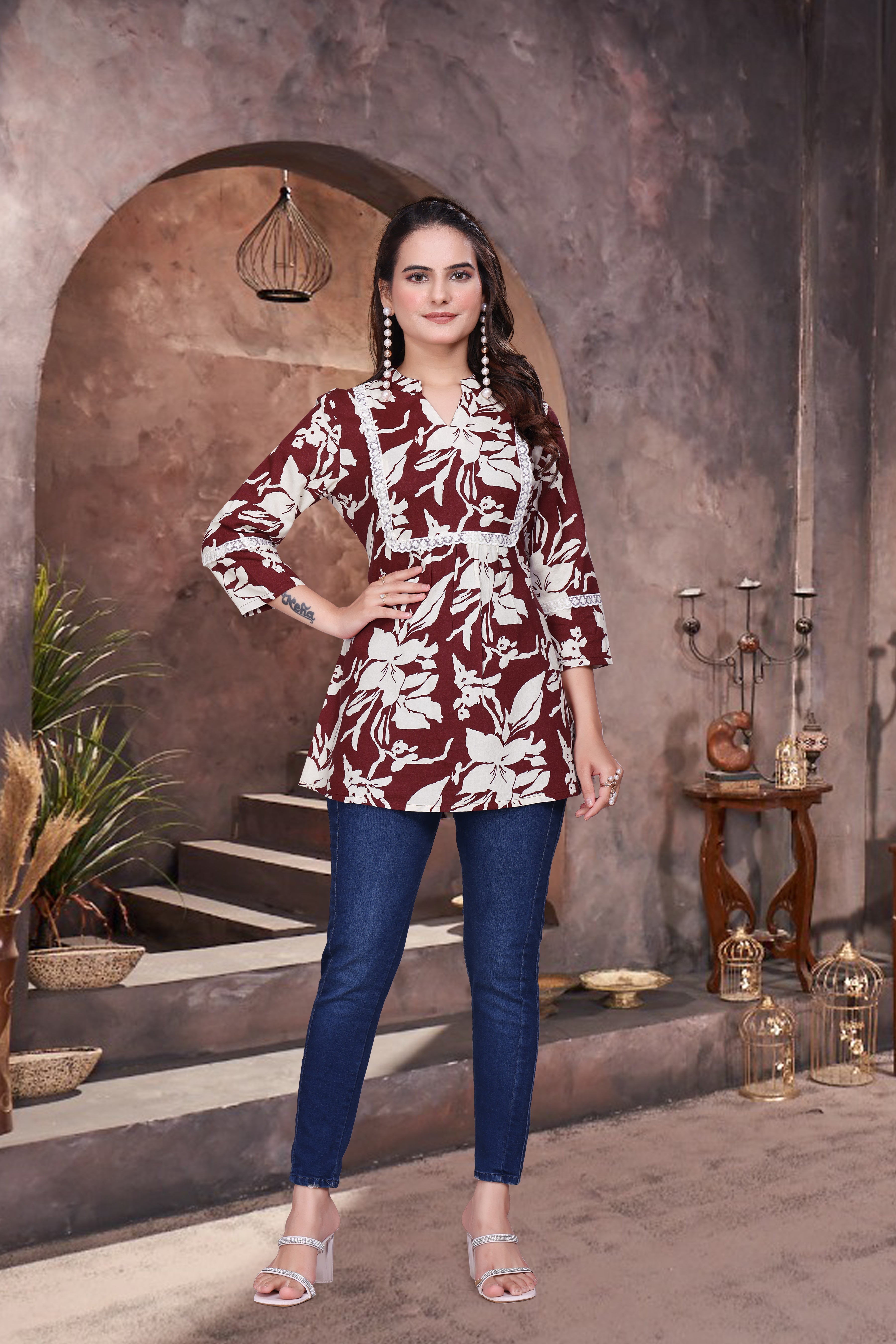 Printed Rayon Short Kurti with V Neck