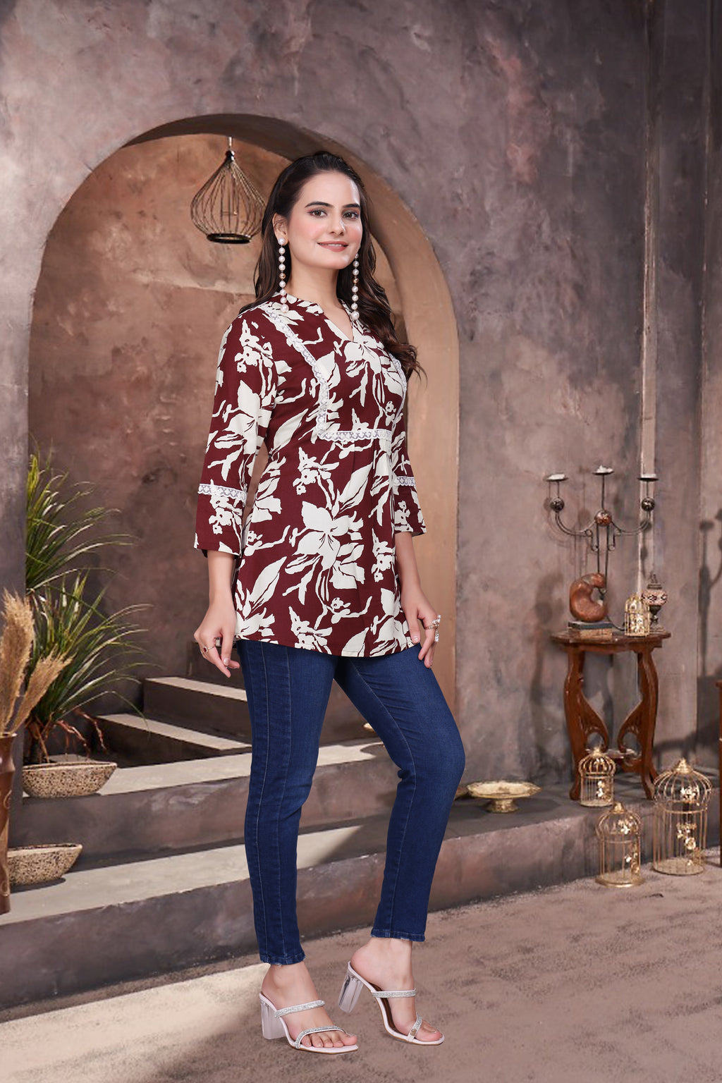 Printed Rayon Short Kurti with V Neck