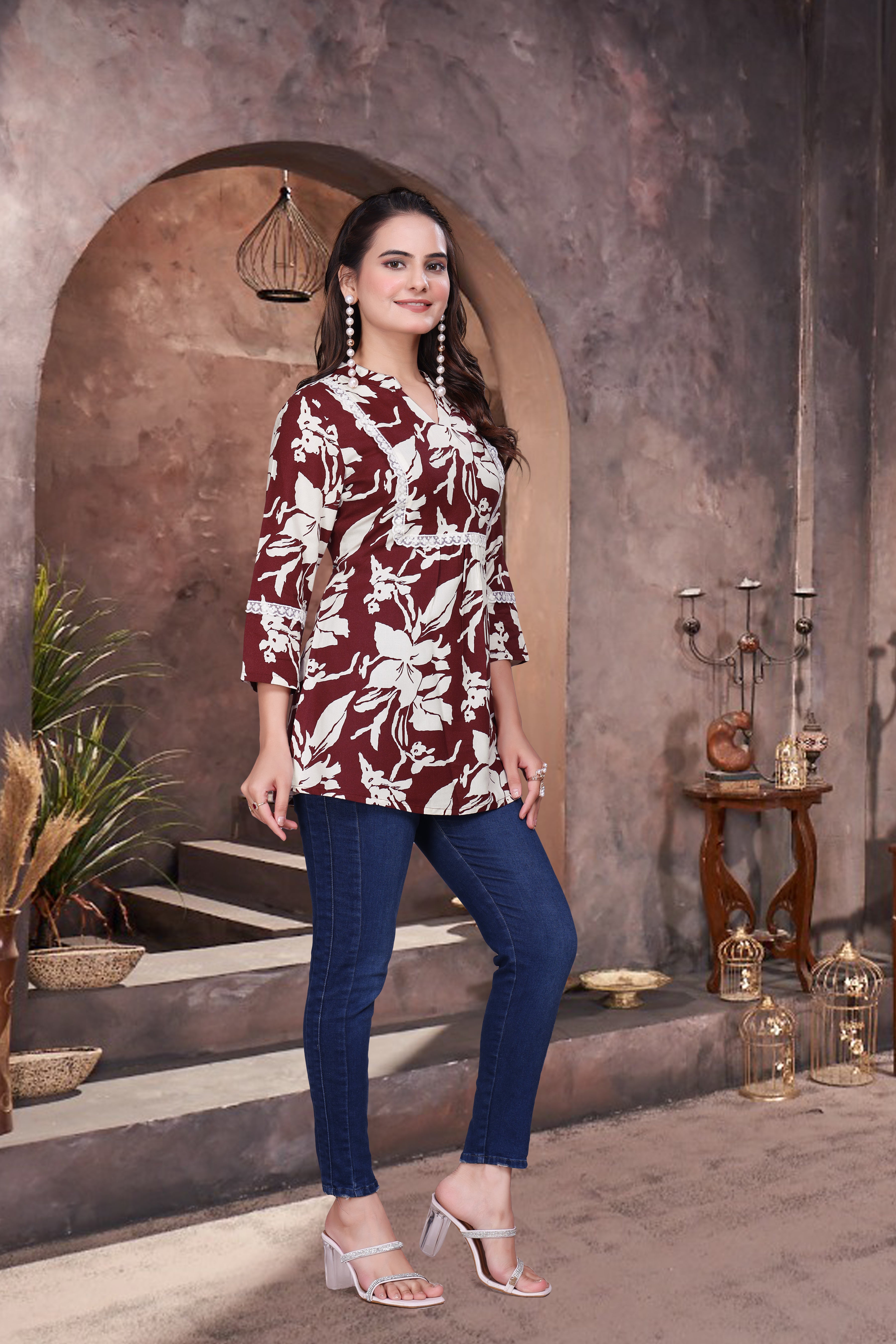 Printed Rayon Short Kurti with V Neck