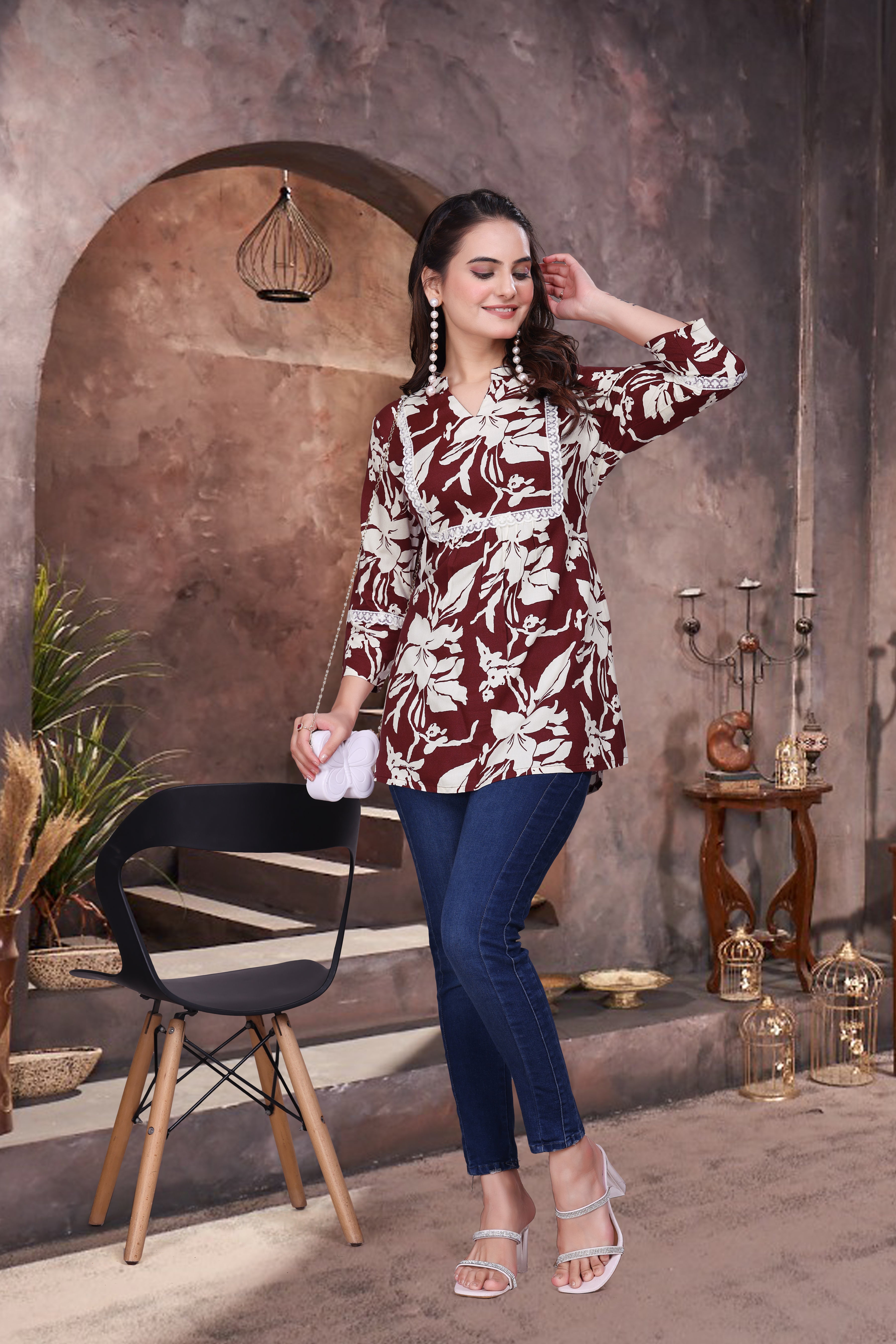 Printed Rayon Short Kurti with V Neck