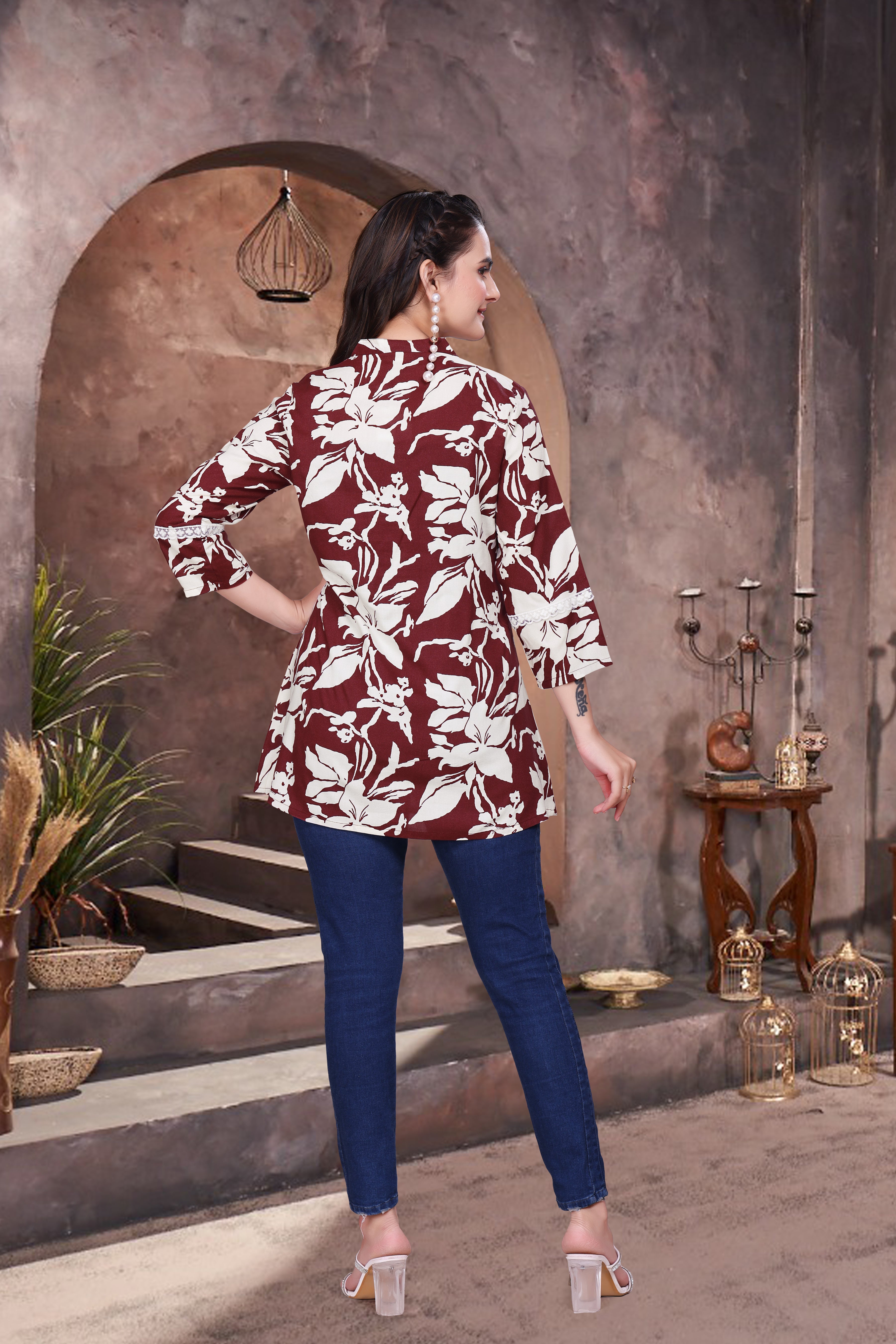 Printed Rayon Short Kurti with V Neck