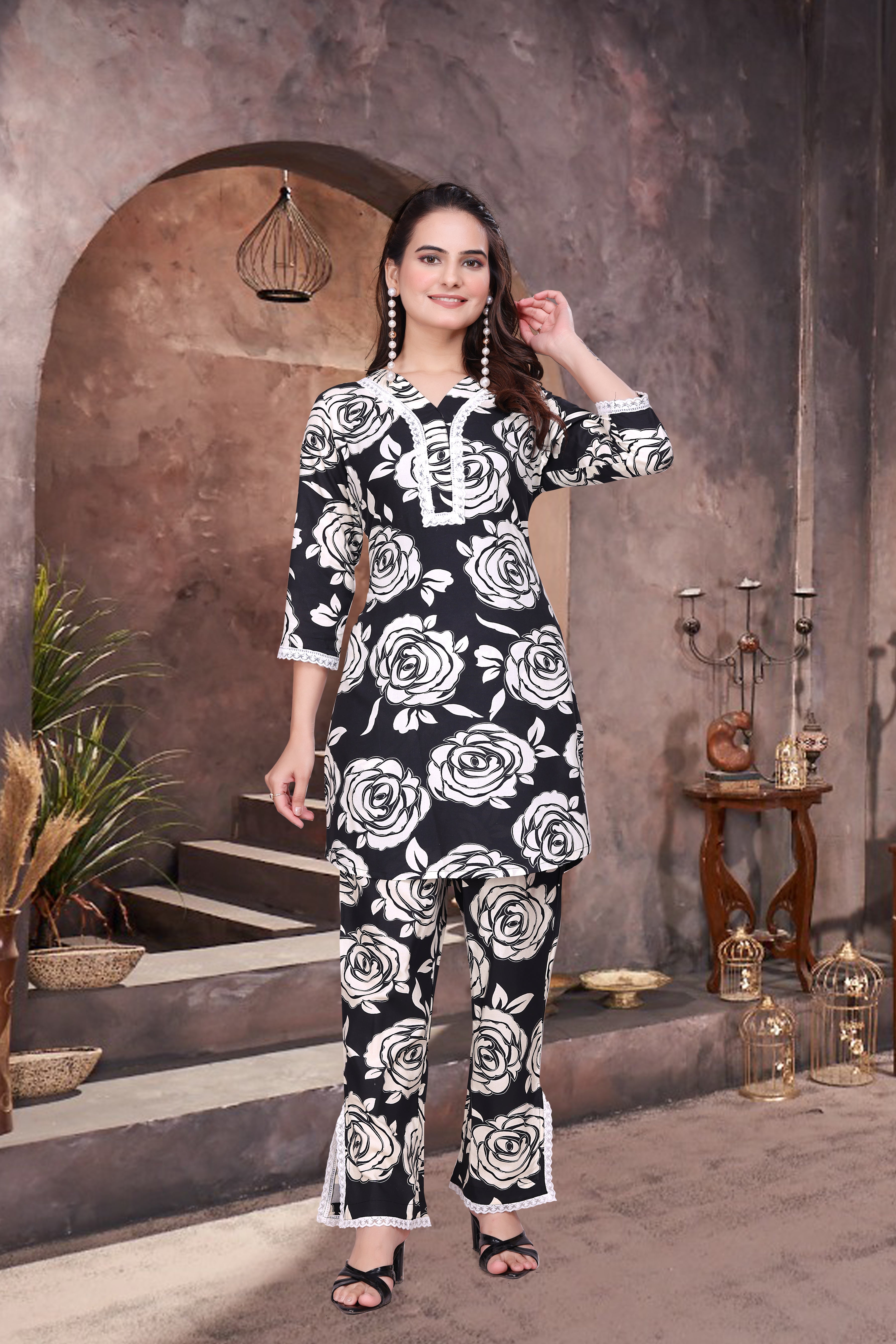 Printed Rayon Co-Ord Set with Schiffli Lace Work