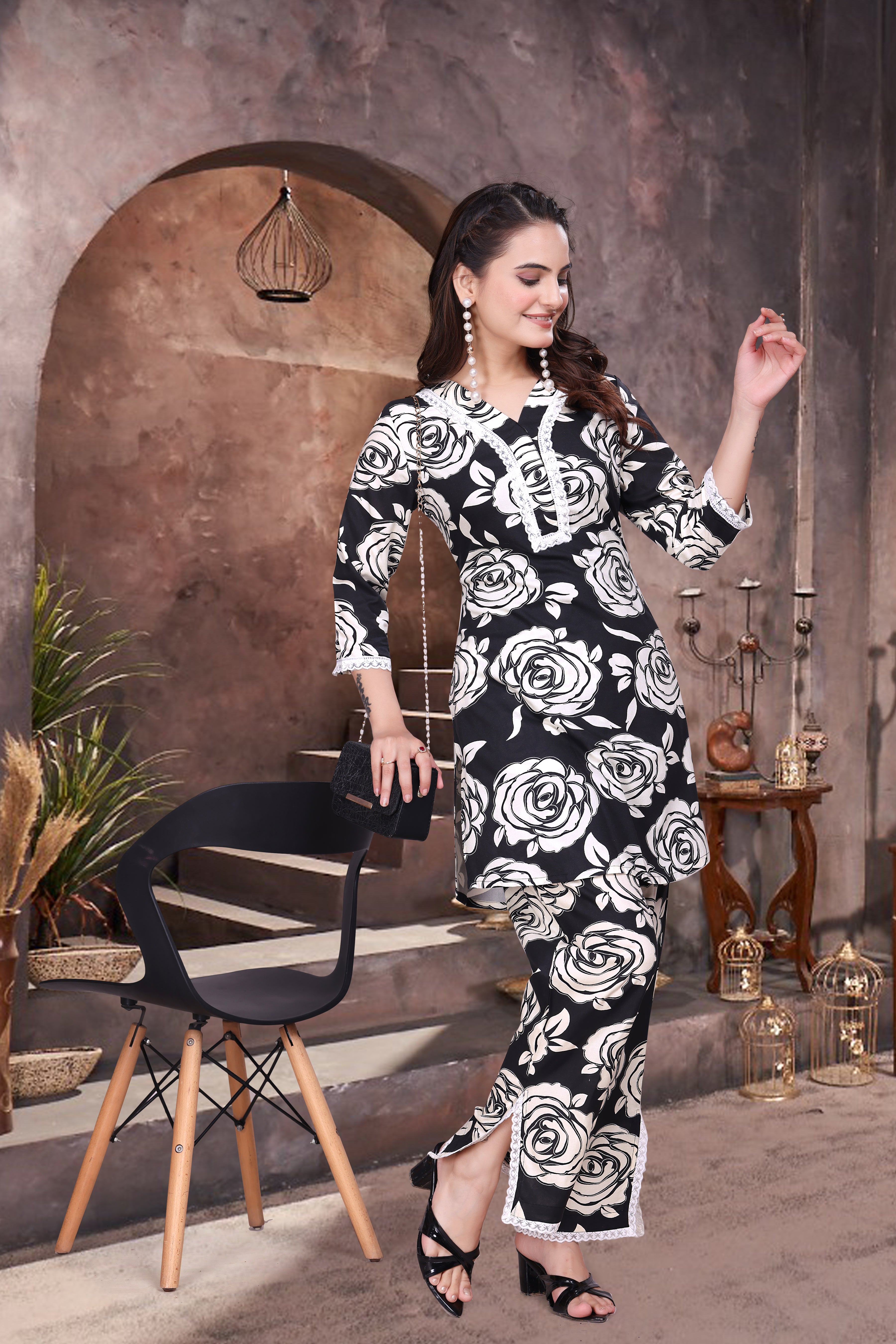 Printed Rayon Co-Ord Set with Schiffli Lace Work