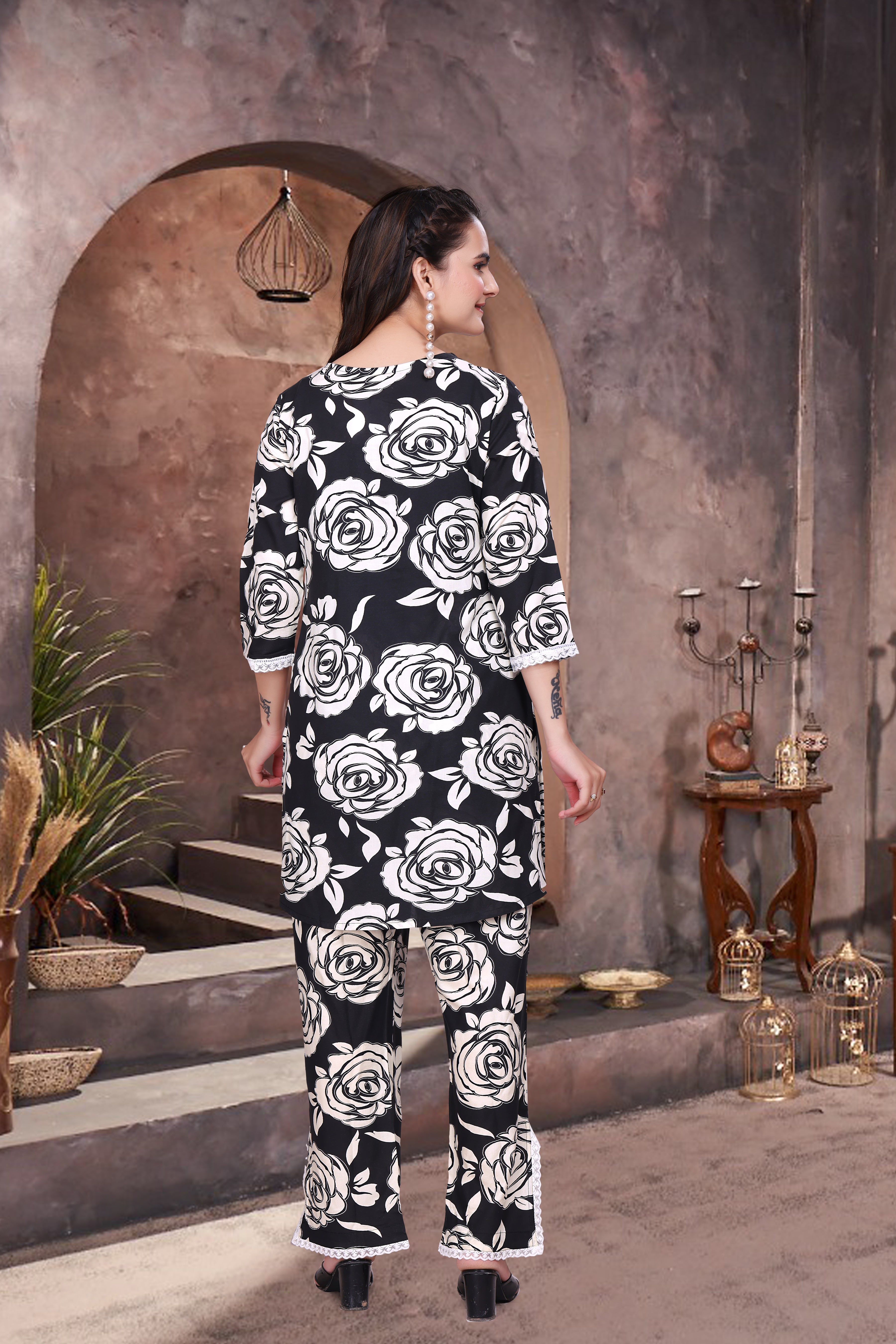 Printed Rayon Co-Ord Set with Schiffli Lace Work