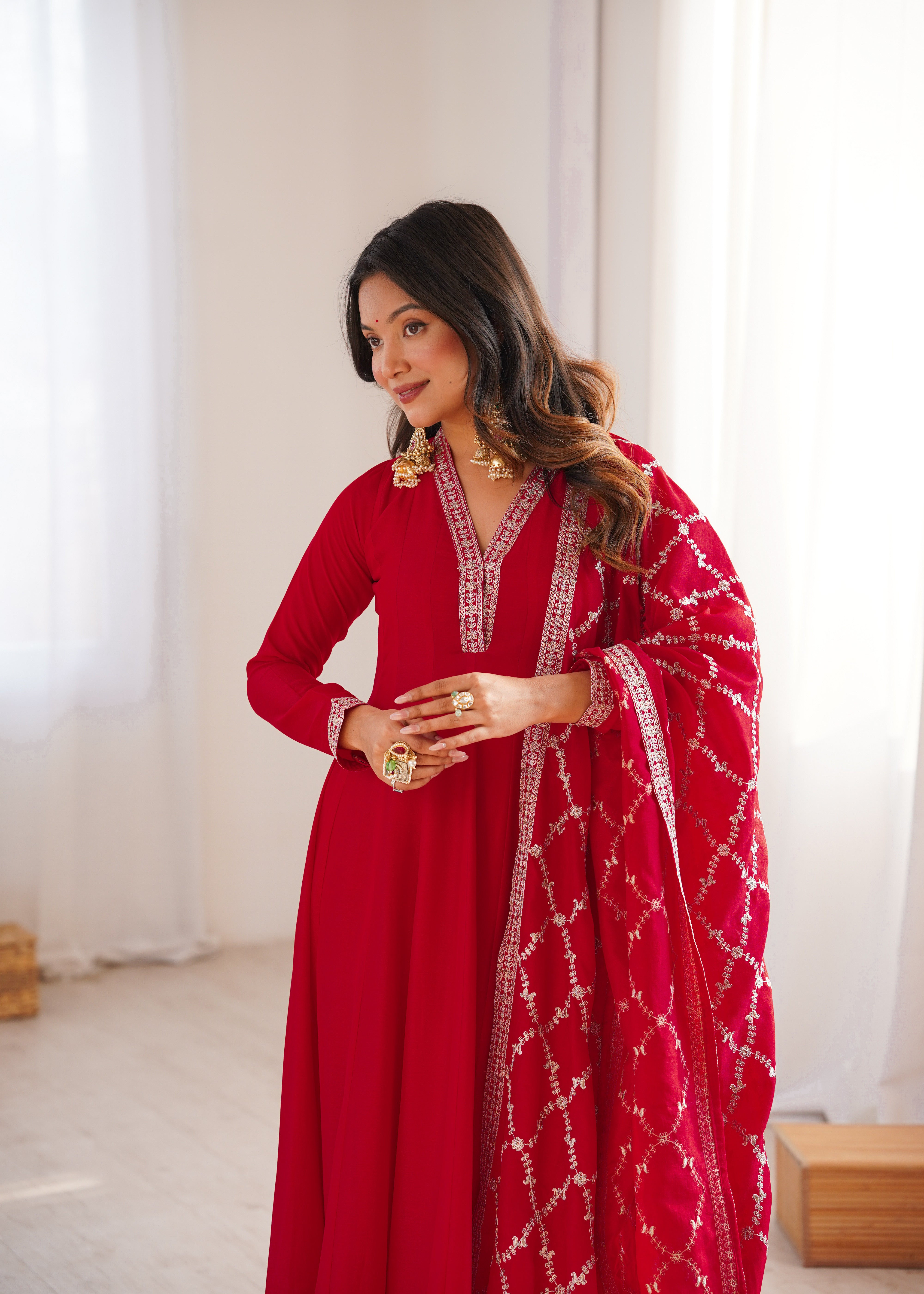 Premium Blooming Vichitra Silk Flared Anarkali Gown with Embroidered Dupatta