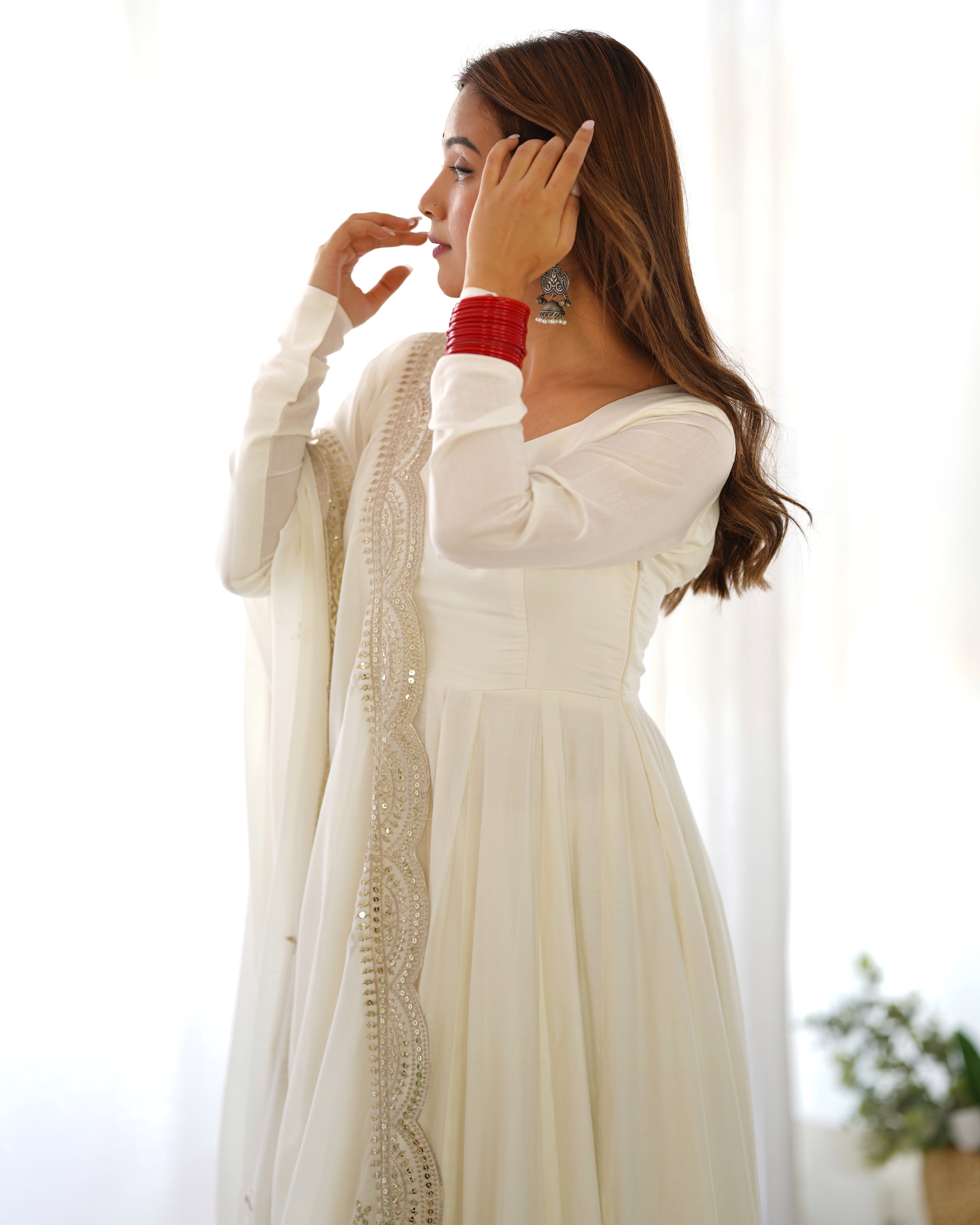 Roman Silk Chanderi Flared Anarkali Suit Set with Dupatta and Pant