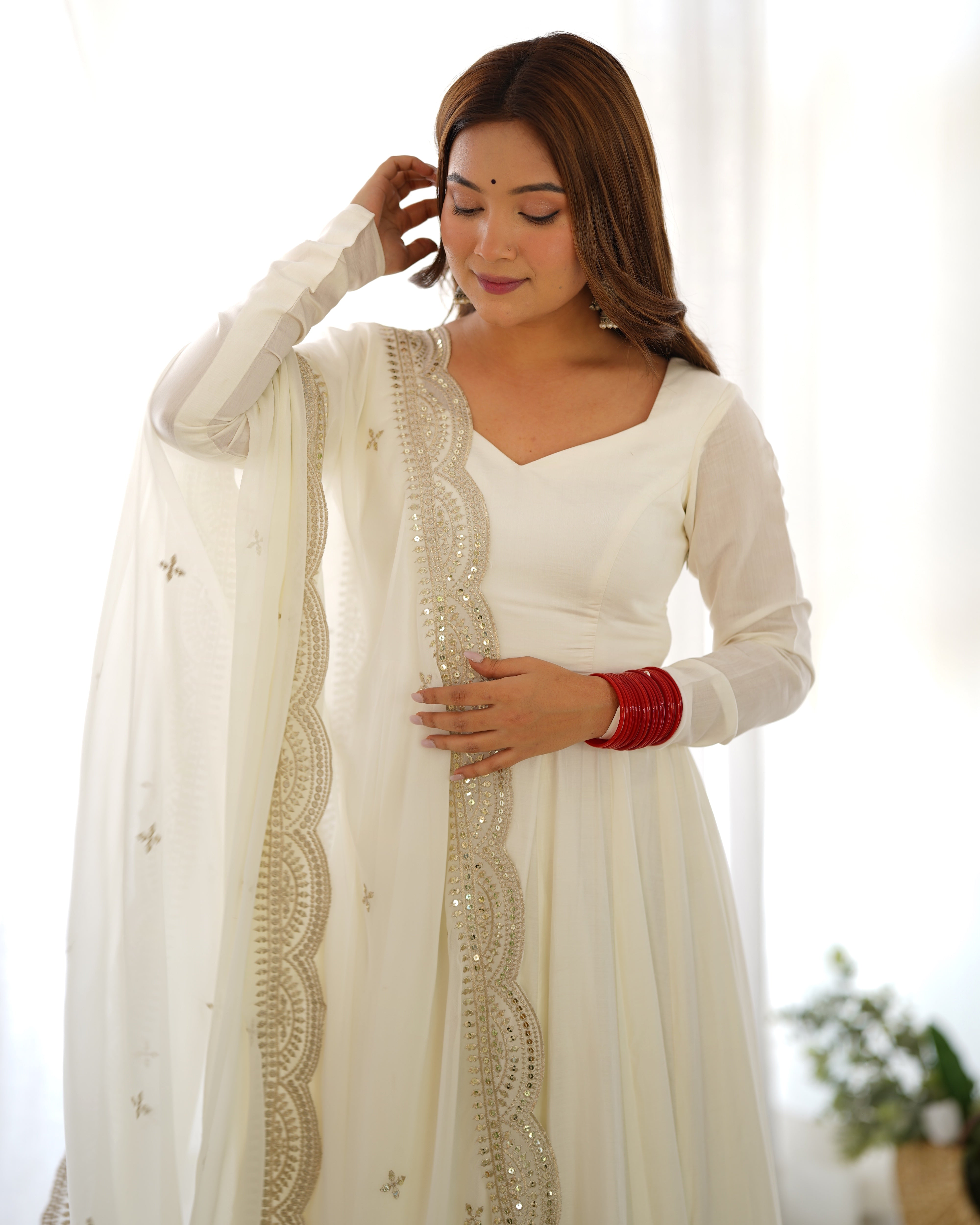 Roman Silk Chanderi Flared Anarkali Suit Set with Dupatta and Pant