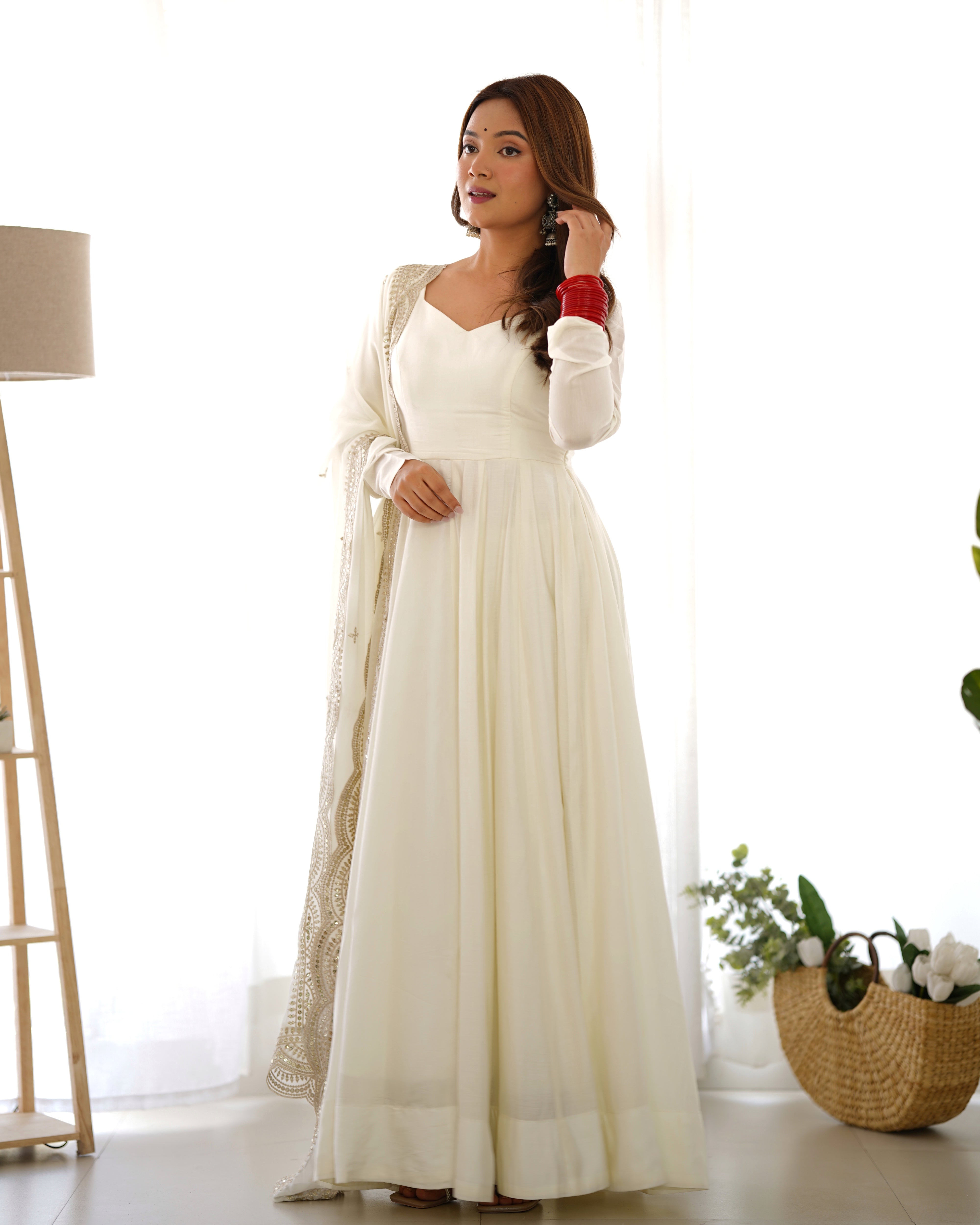 Roman Silk Chanderi Flared Anarkali Suit Set with Dupatta and Pant