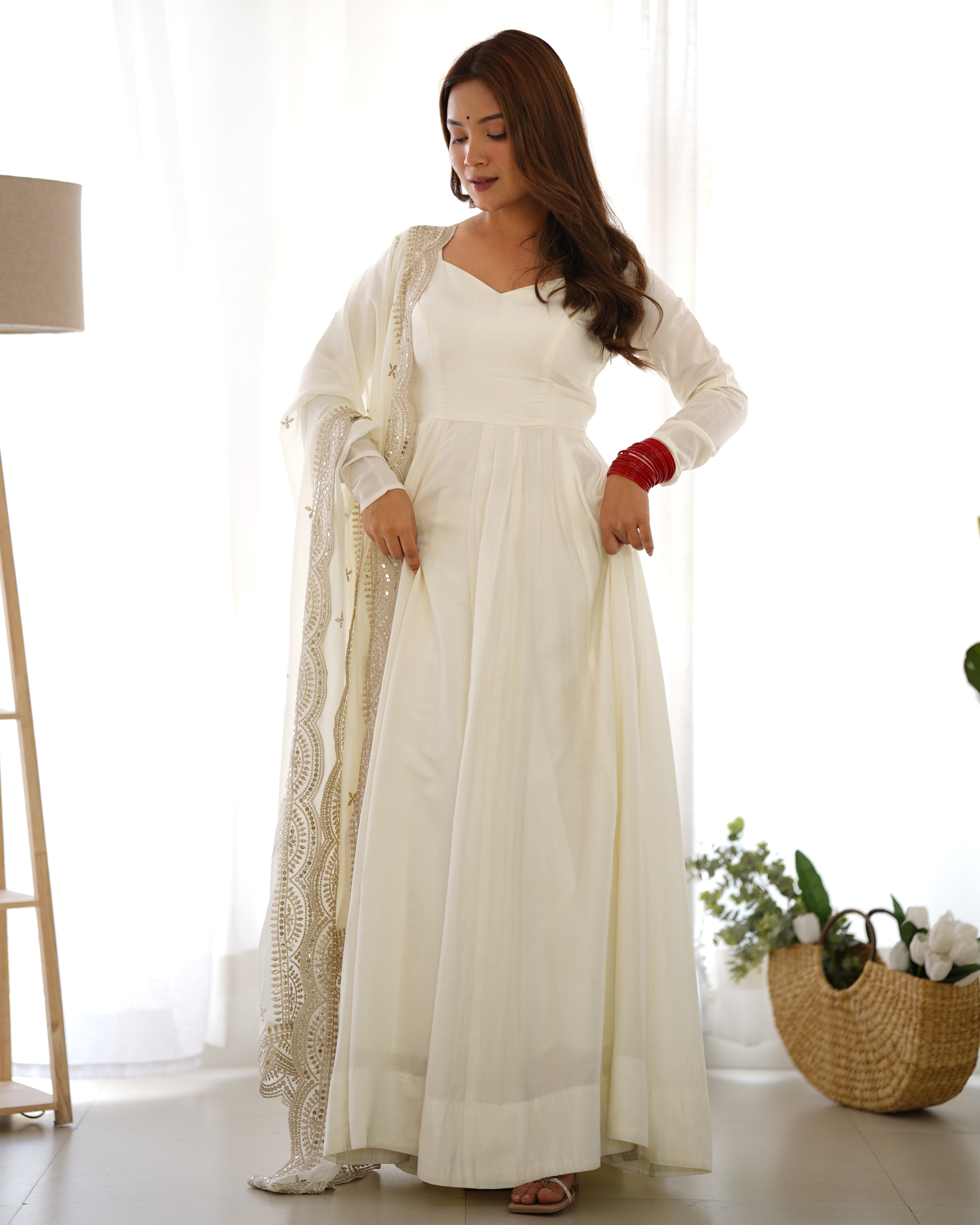 Roman Silk Chanderi Flared Anarkali Suit Set with Dupatta and Pant