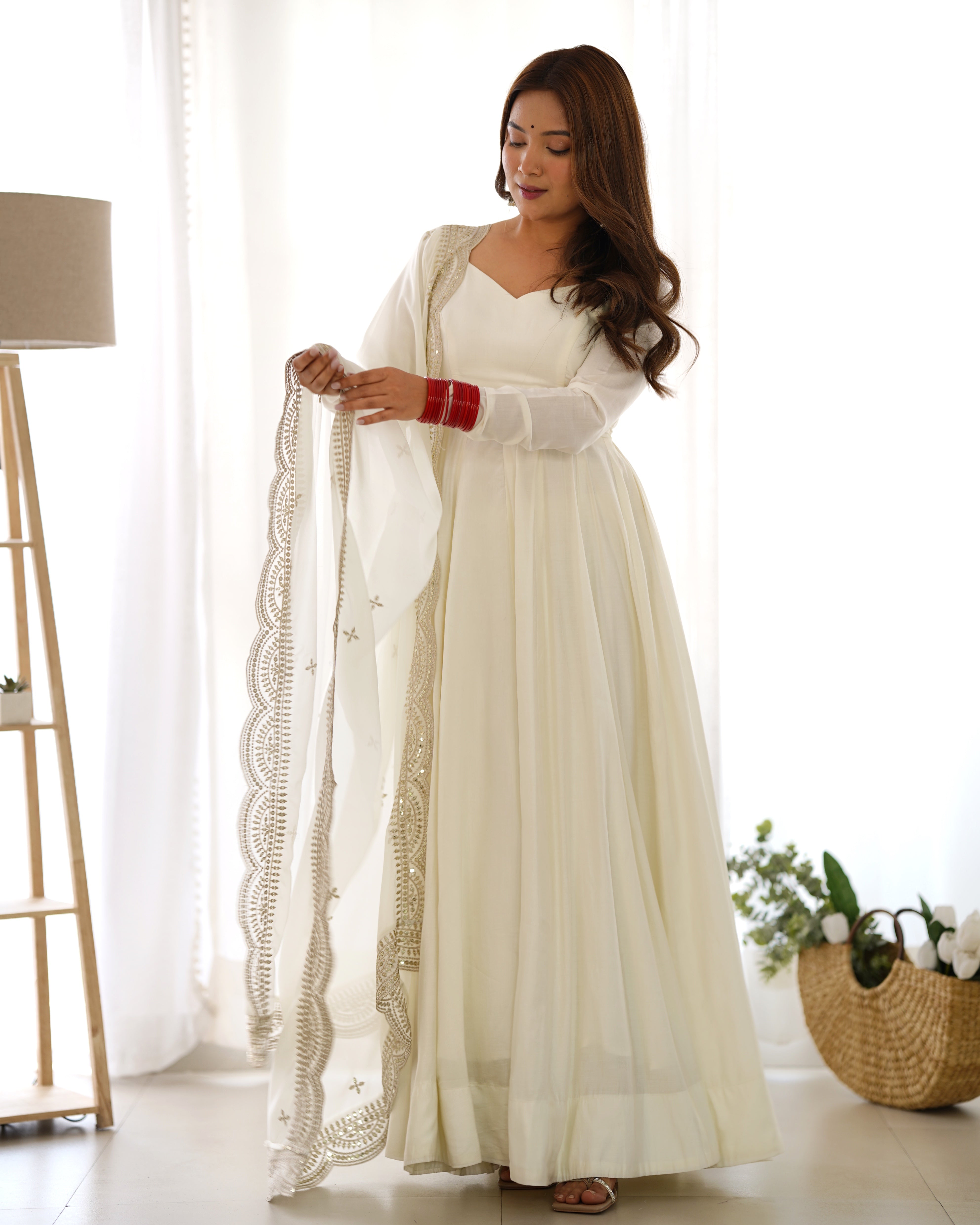 Roman Silk Chanderi Flared Anarkali Suit Set with Dupatta and Pant