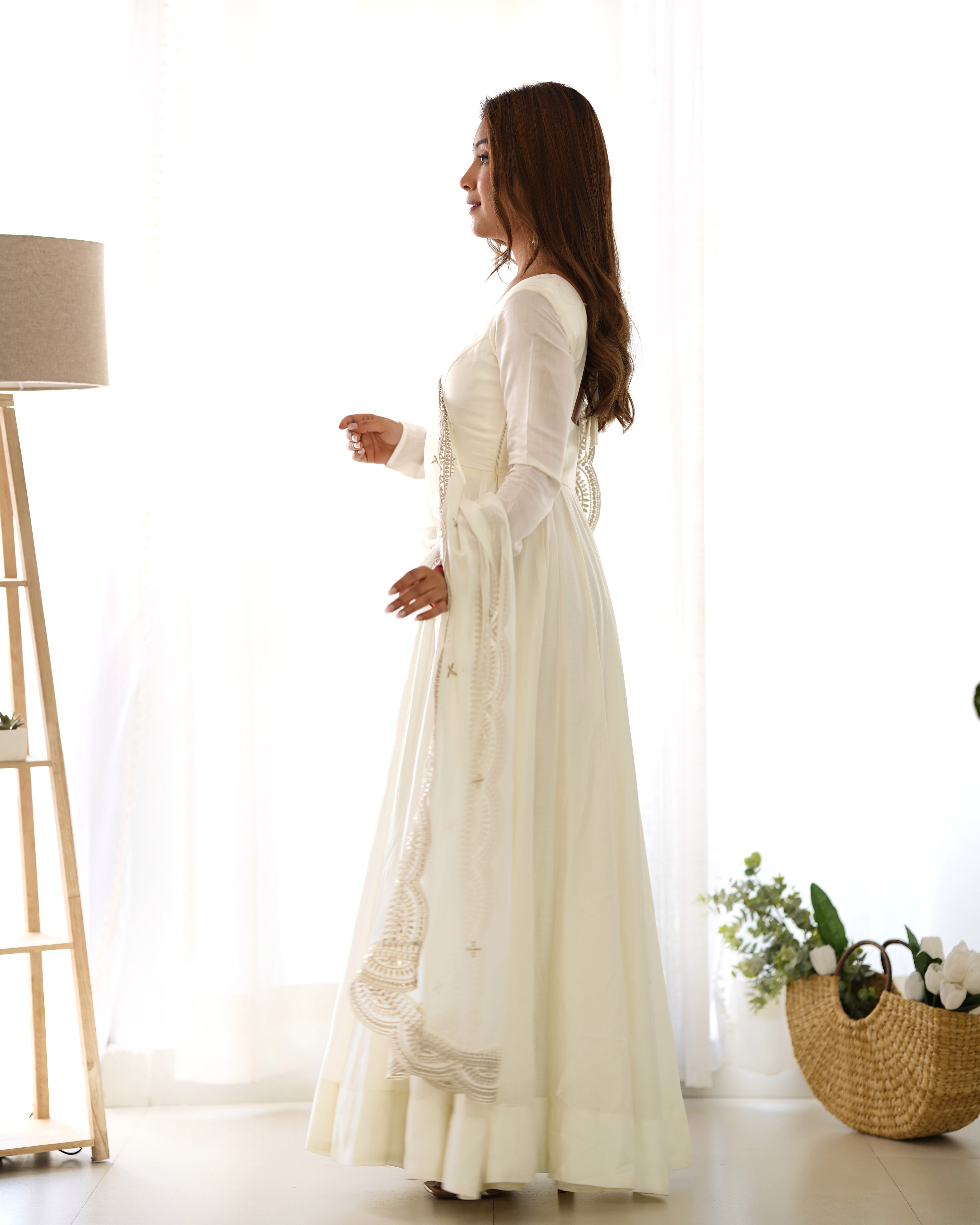 Roman Silk Chanderi Flared Anarkali Suit Set with Dupatta and Pant