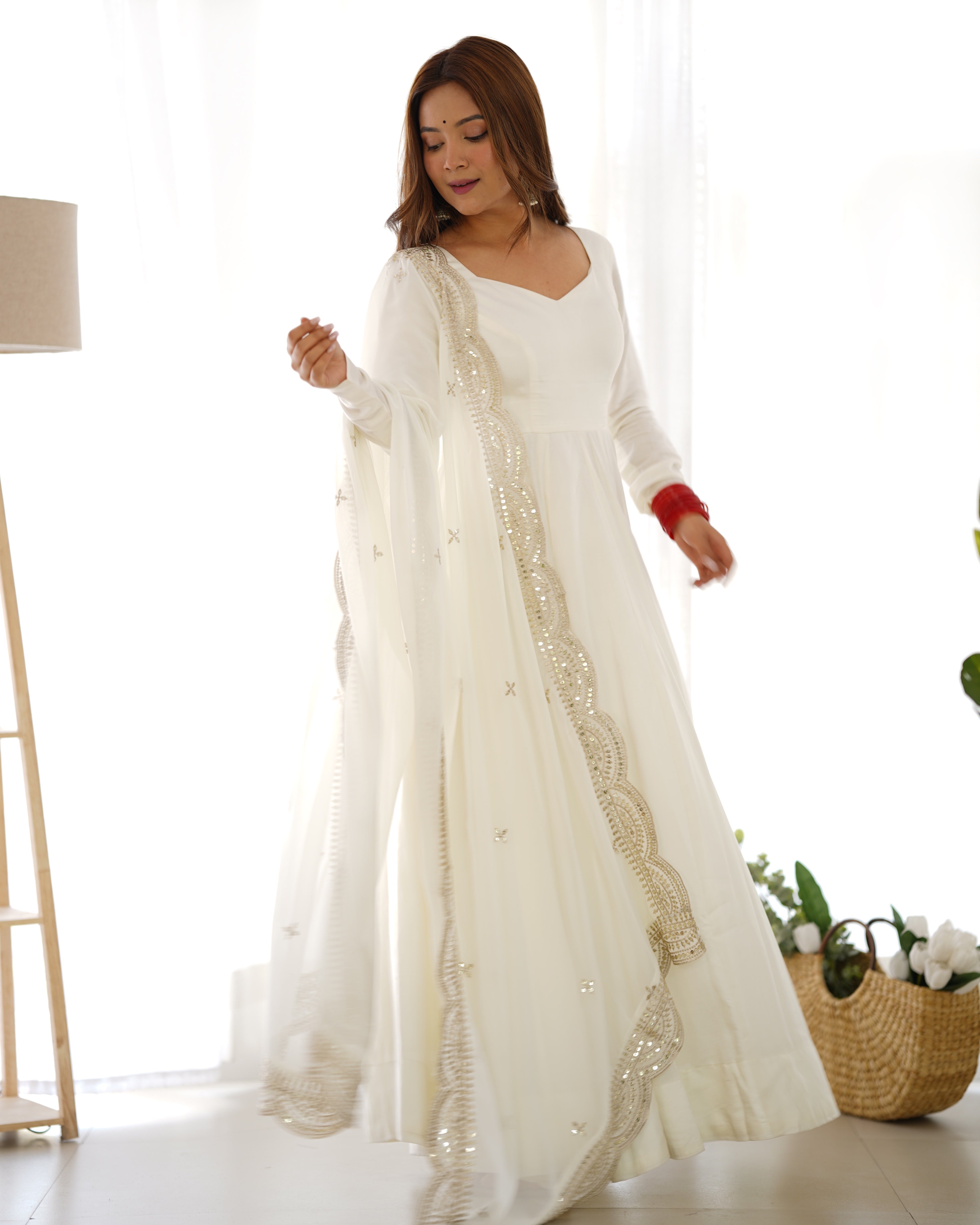 Roman Silk Chanderi Flared Anarkali Suit Set with Dupatta and Pant
