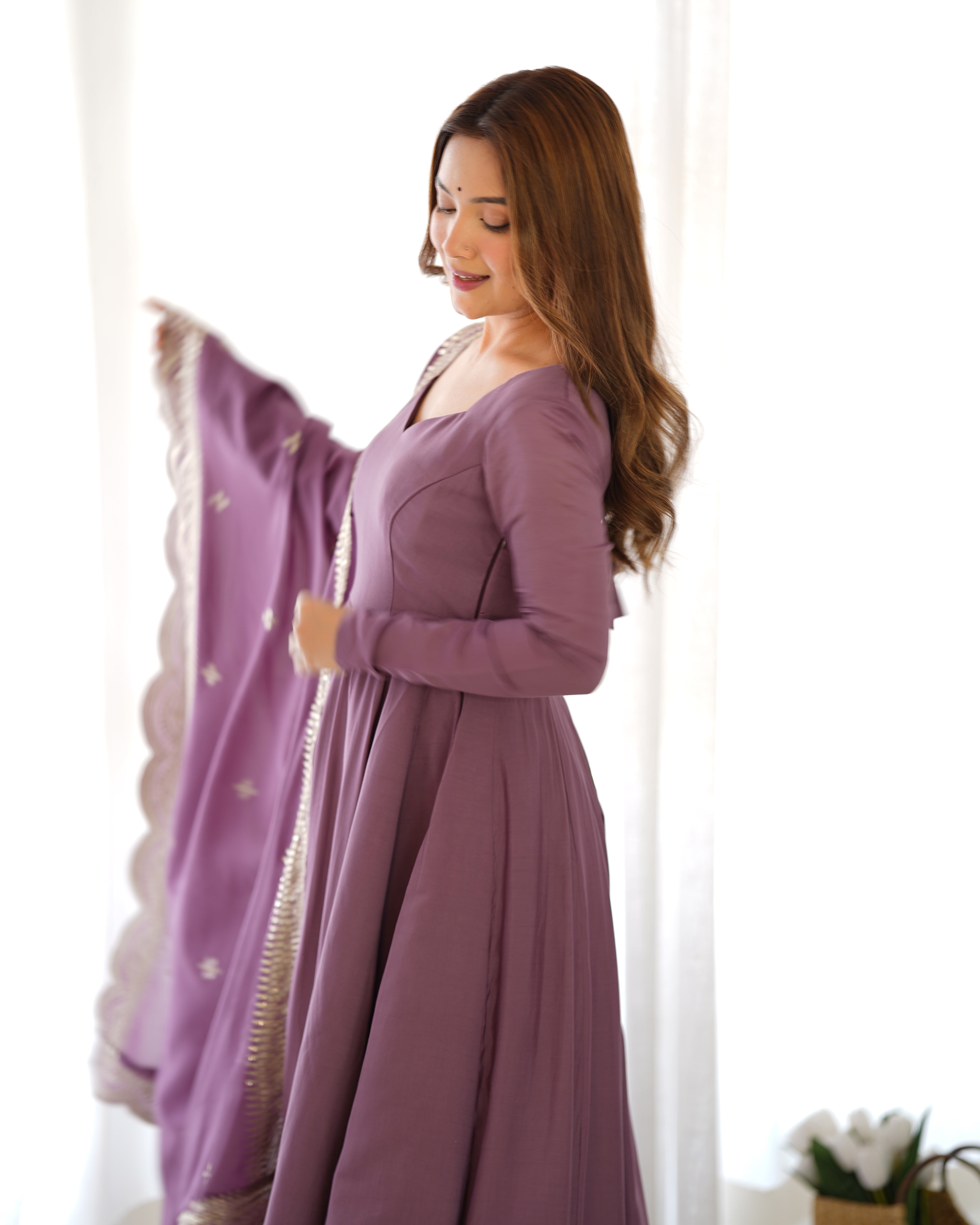 Roman Silk Chanderi Flared Anarkali Suit Set with Dupatta and Pant