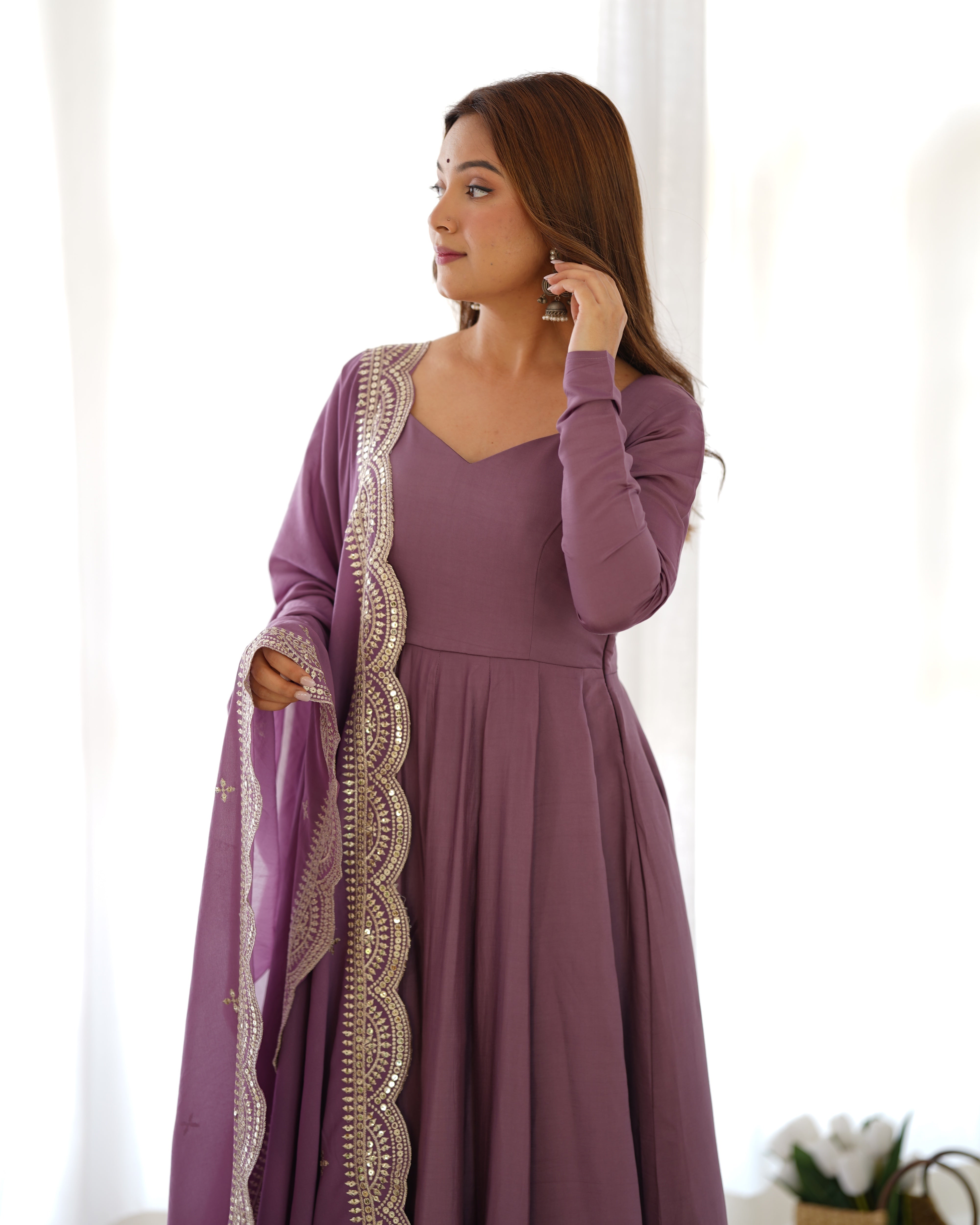 Roman Silk Chanderi Flared Anarkali Suit Set with Dupatta and Pant