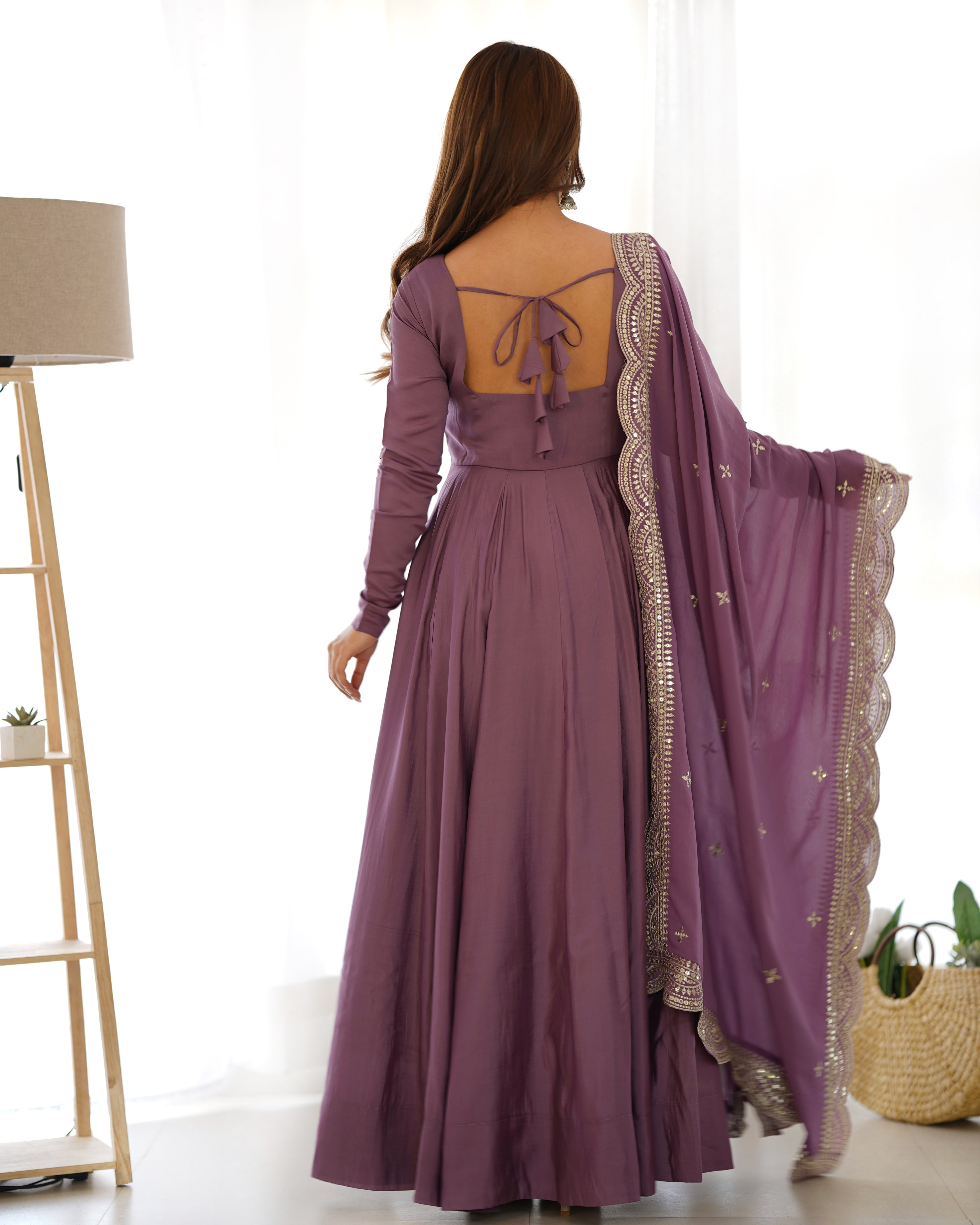 Roman Silk Chanderi Flared Anarkali Suit Set with Dupatta and Pant