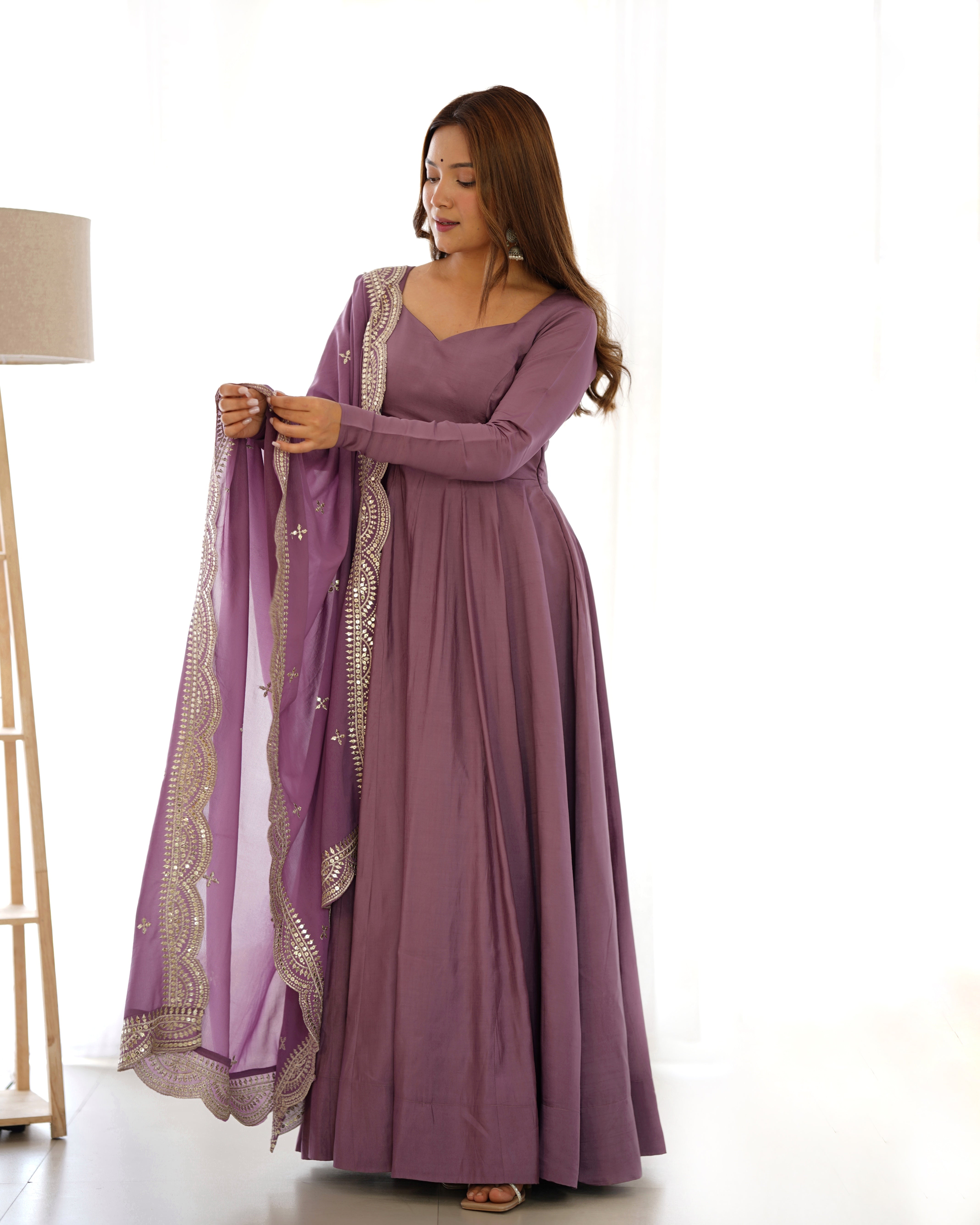 Roman Silk Chanderi Flared Anarkali Suit Set with Dupatta and Pant