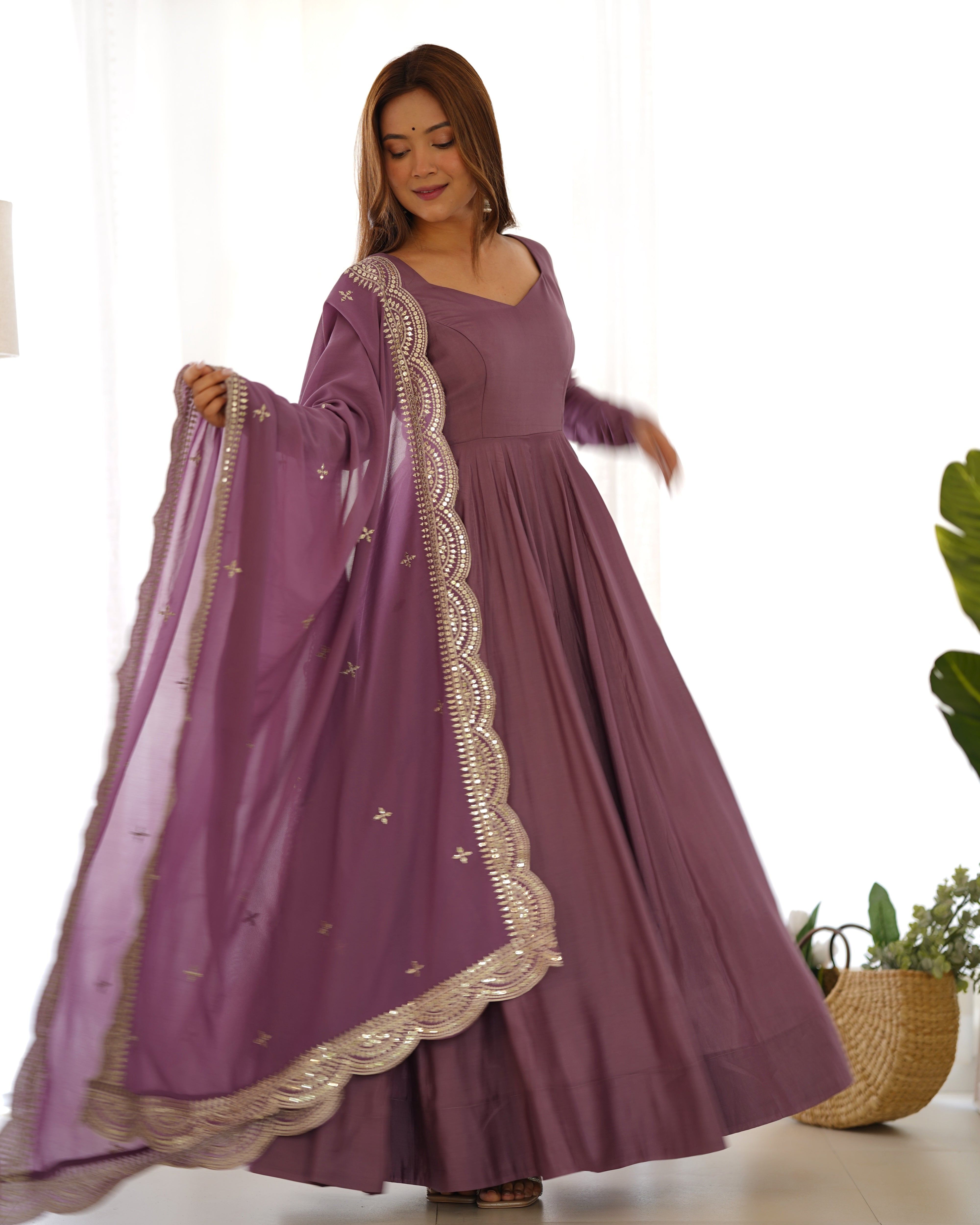 Roman Silk Chanderi Flared Anarkali Suit Set with Dupatta and Pant
