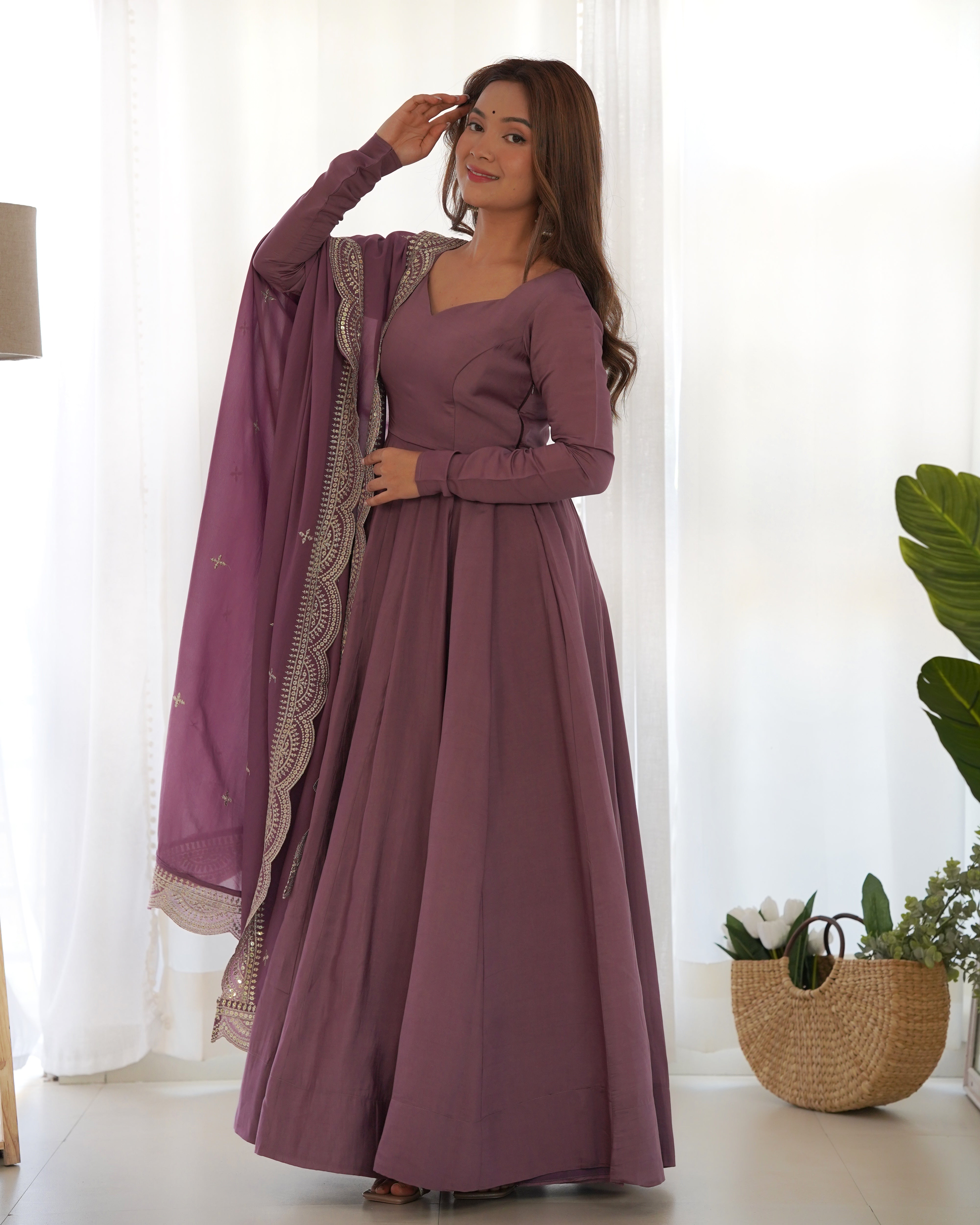 Roman Silk Chanderi Flared Anarkali Suit Set with Dupatta and Pant